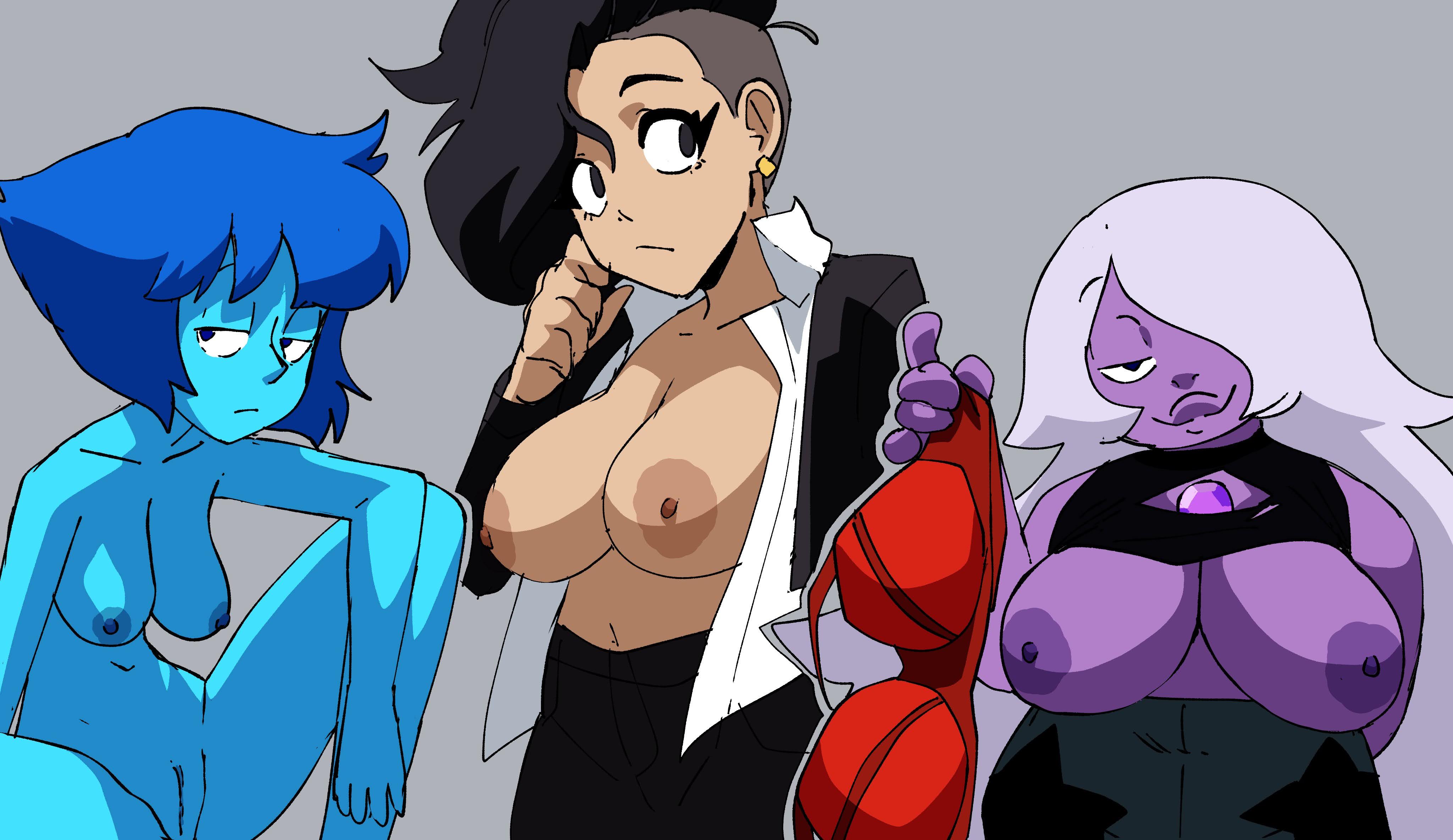 3girls, amethyst (steven universe), bangs, black eyes, black hair, blue body, blue eyes, blue hair, blue nipples, blue skin, bra, breasts, breasts out, casual, casual nudity, character request, closed mouth, clothing, collared shirt, colored nipples, colored skin, coolerinker, copyright request, crossover, dark nipples, earrings, female, gem, gem (species), hair over one eye, half-closed eyes, head rest, huge breasts, inker comics, inkershike, jacket, jewelry, knee up, lapis lazuli (steven universe), large breasts, long hair, looking at another, looking at viewer, multiple girls, navel, nipples, nude, open clothes, purple body, purple nipples, purple skin, red bra, removing bra, shirt, short hair, sitting, source request, steven universe, white hair, white shirt