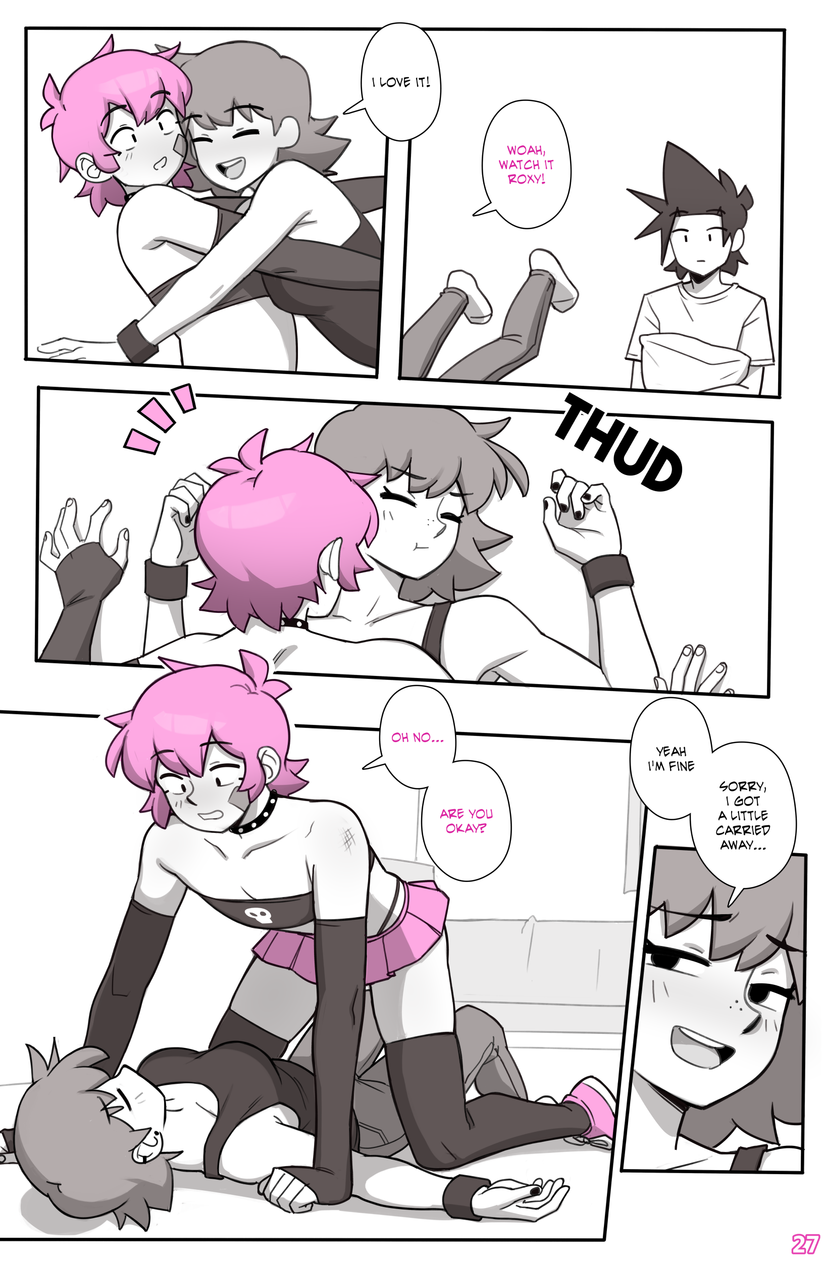 1girls, 2boys, comic, comic page, dialogue, dross, female, femboy, jacob (dross), male, monochrome, page 27, pink hair, roxanne (dross), tagme, taylor (dross), text