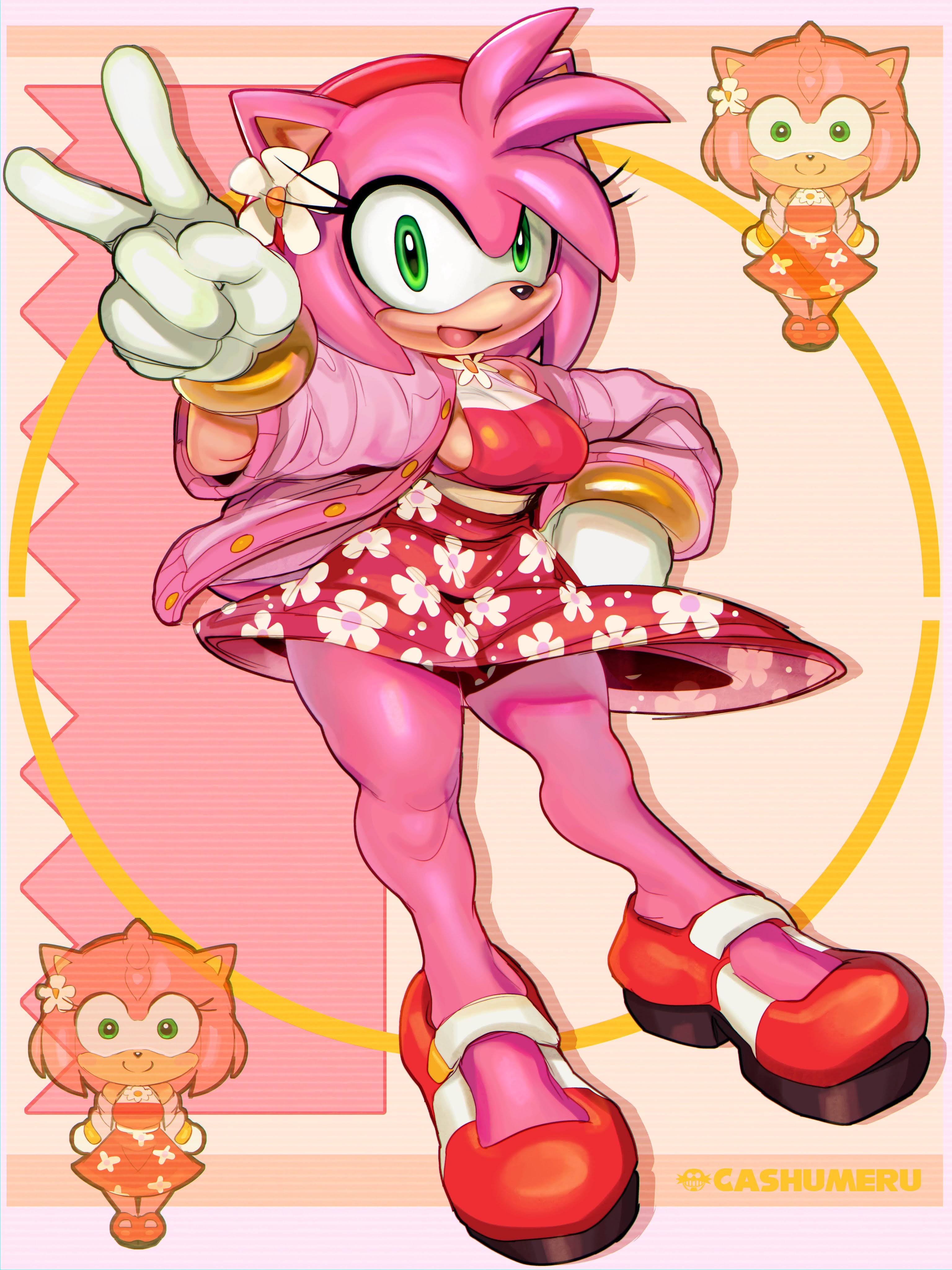 absurdres, alternate costume, amy rose, animal ears, animal nose, blush, body fur, bracelet, breasts, calves, cashumeru, chibi, cleavage, dot nose, dress, female, floral print, flower, full body, furry, furry female, gloves, green eyes, hair flower, hair ornament, hairband, hand on own hip, happy, hedgehog girl, high heels, highres, jacket, jewelry, legs, looking at viewer, open clothes, open jacket, open mouth, pink dress, pink fur, pink hair, pink jacket, red dress, red hairband, shoes, sideboob, smile, solo, sonic (series), standing, sundress, tail, v, white gloves