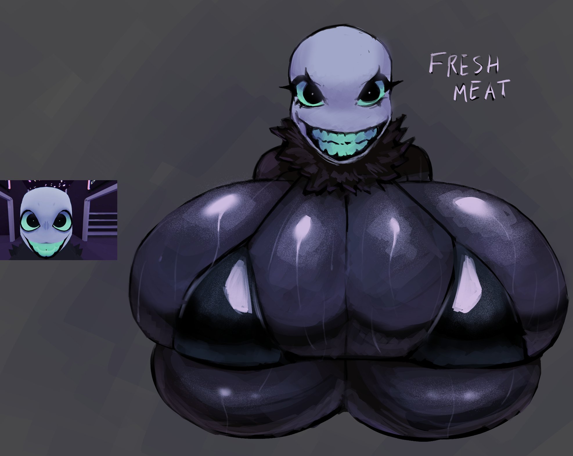 1girls, big breasts, bikini, bikini top, black body, breasts, cbbg21, die of death (roblox), female, green sclera, green teeth, pursuer (die of death), reference image, roblox, roblox game, robloxian, rule 63, smile, tagme, text, white head