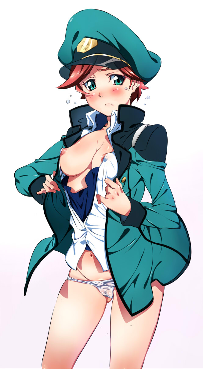 blush bottomless breasts cameltoe captain_uniform cleft_of_venus female green_eyes gundam gundam_age hat highres looking_at_viewer military military_uniform natora_einus niko_(tama) nipples no_bra no_pants open_clothes open_jacket open_shirt panties peaked_cap pussy_visible_through_clothes pussy_visible_through_panties red_hair see-through short_hair solo sweat sweatdrop tear underwear undressing uniform