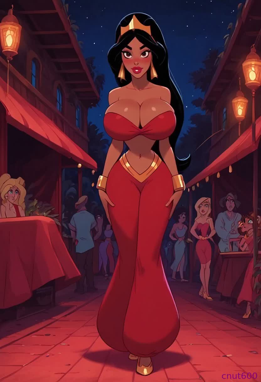 1girls, ai generated, aladdin (1992 disney film), arabian clothes, big breasts, black hair, breasts, breasts bigger than head, cnut600, disney, disney princess, evil queen jasmine, female, female only, harem outfit, huge breasts, jasmine (aladdin), large breasts, marketplace, nightmare fuel, princess jasmine, red clothes, slave princess jasmine, solo, solo female, swaying hips