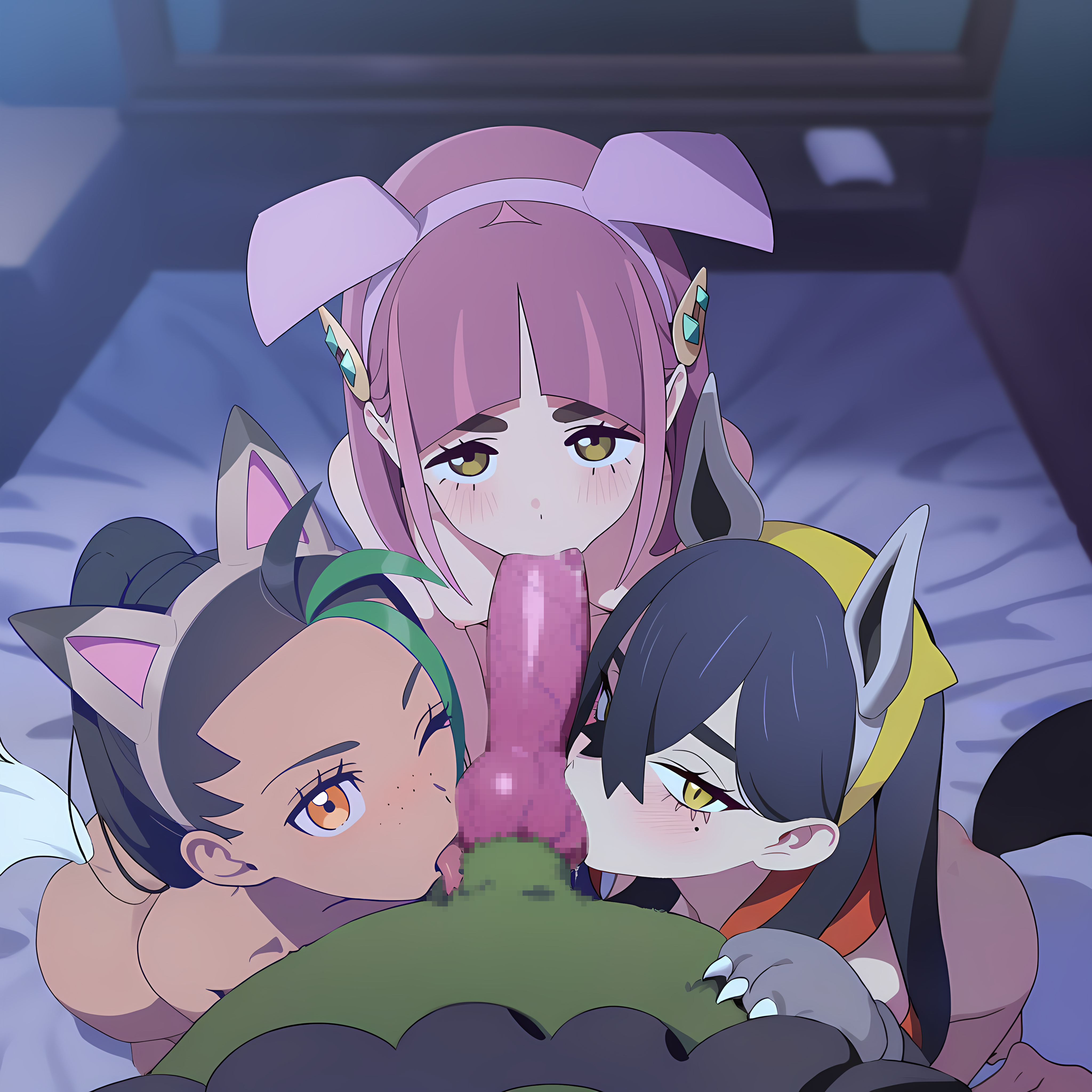 1boy, 3girls, ai generated, animal ear hairband, animal ears, animal genitalia, animal penis, anthro, bestiality, black hair, blowjob, canid, canine, canine penis, carmine (pokemon), collaborative fellatio, cooperative fellatio, cosplay, dadfox, fellatio, female, granbull (cosplay), hairband, human, knot, lacey (pokemon), licking, looking at viewer, lycanroc (cosplay), male, male pokemon/female human, male/female, mightyena (cosplay), multiple females, multiple girls, nemona (pokemon), nude, okidogi, orange eyes, paw gloves, paws, penis, pink hair, pokemon, pokemon (cosplay), pokemon (species), pokemon sv, pokephilia, pov, red hair, sucking, sucking penis, tongue, tongue out, triple fellatio, two-tone hair, yellow eyes, zoophilia