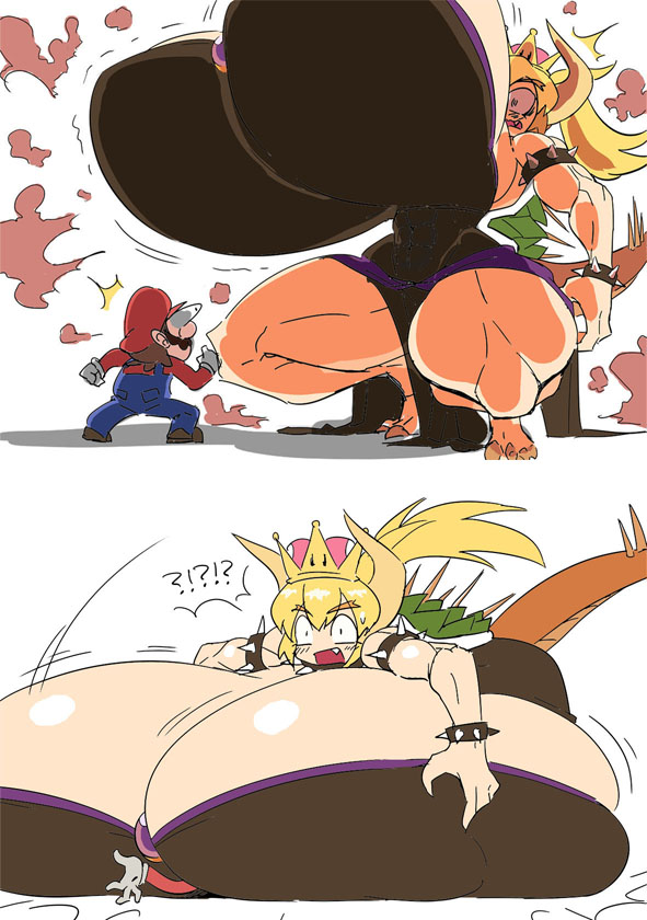 1boy, 1girls, big breasts, big woman, bowsette, breasts, color edit, crushing, edit, female, gigantic breasts, male, mario, mario (series), matsu-sensei