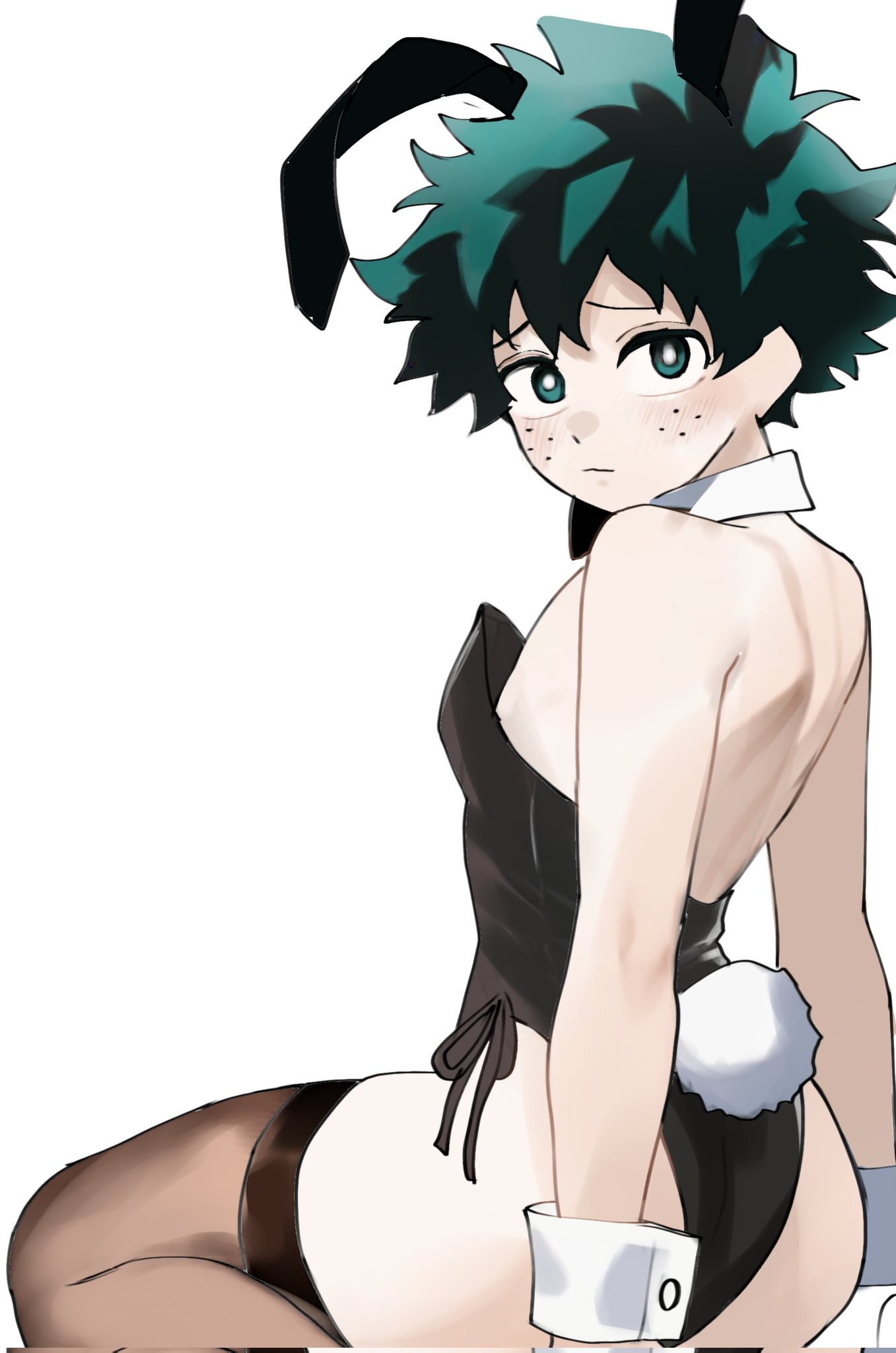 1boy, ass, back view, bunny ears, bunny girl, bunny tail, bunnysuit, deku, female deku, freckles, green eyes, green hair, izuku midoriya, light skin, light-skinned male, male, male only, my, my hero academia, rule 63, short hair, small breasts, solo, white skin