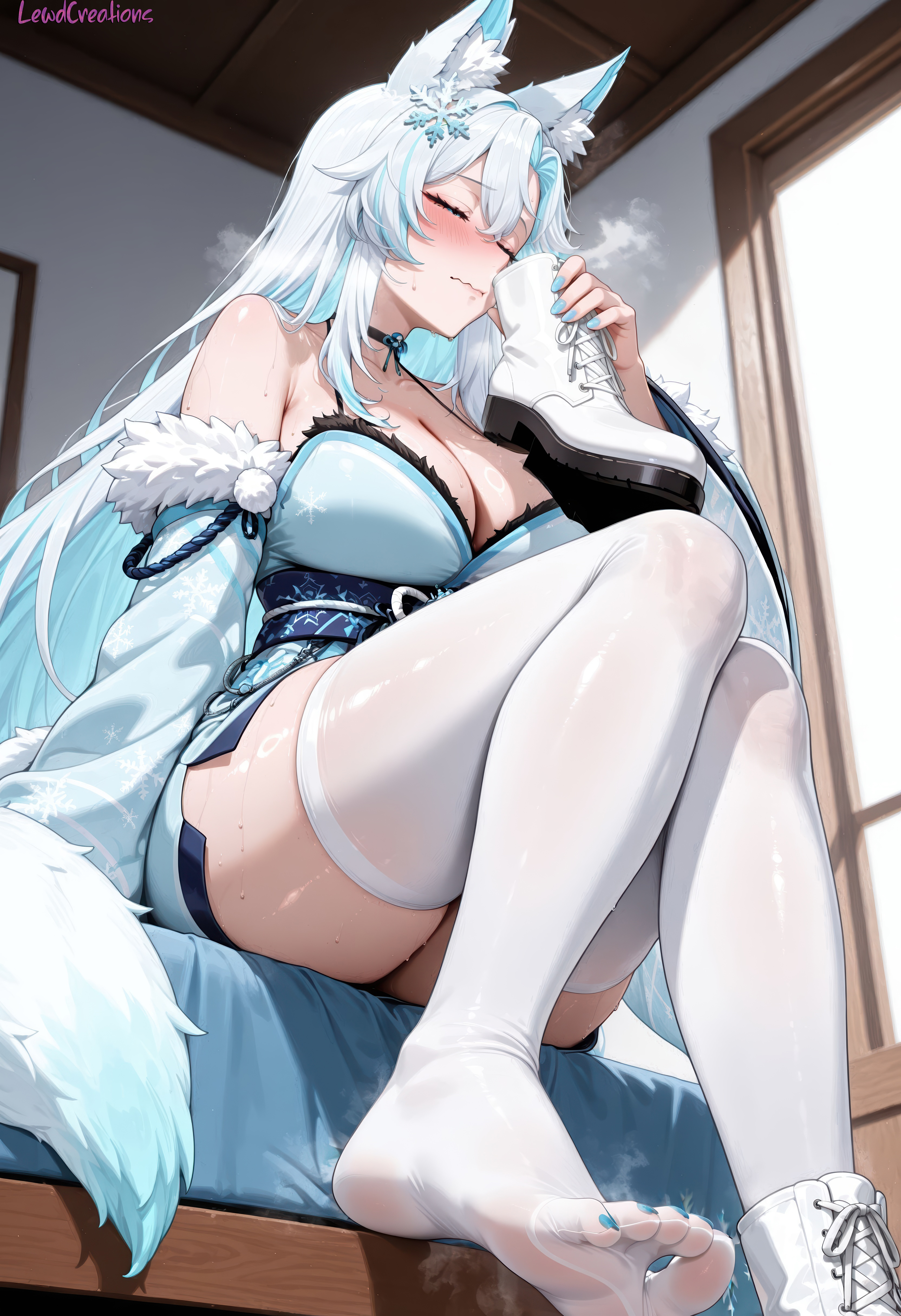 1girls, absurd res, ai generated, aqua eyes, bedroom, big breasts, blush, blush lines, breasts, closed eyes, curvy, curvy figure, embarrassed, female, fox, fox ears, fox girl, fox tail, high resolution, highres, ice, indoors, lewdcreationsai, light skin, light-skinned female, sexually suggestive, shoes off, smelling, smelling own shoe, smelling shoes, smugalana, solo, stable diffusion, steam, steaming body, steamy breath, sweat, sweatdrop, sweating, sweaty, tagme, thick, thick legs, thick thighs, thighs, unworn shoes, virtual youtuber, vtuber, wavy mouth, white hair