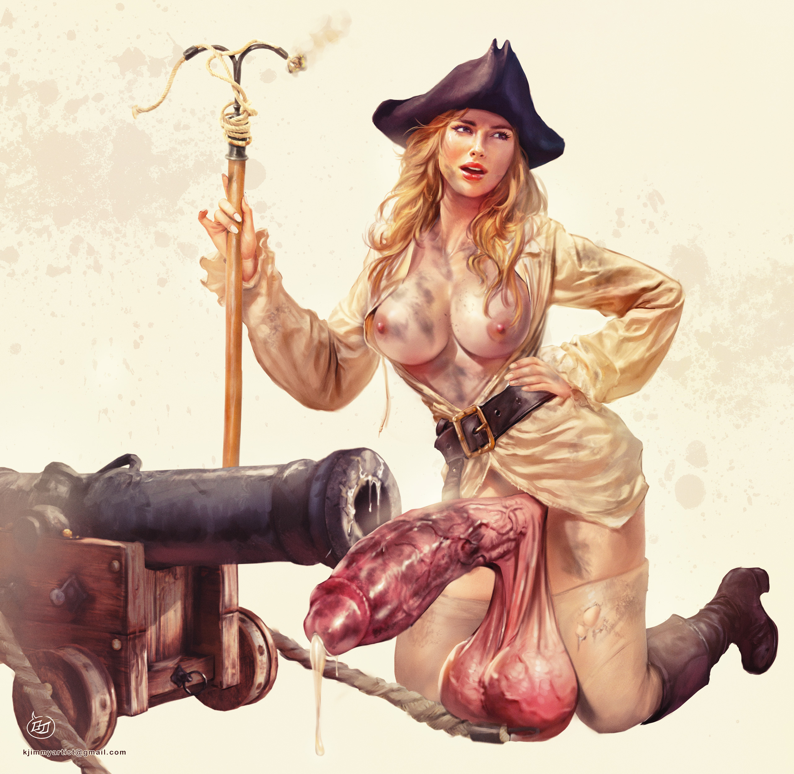 1futa, cannon, cum, cum drip, elizabeth swann, futa only, futanari, hyper penis, intersex, keira knightley, kinkyjimmy, kneeling, penis, pirate, pirate hat, pirates of the caribbean, soot