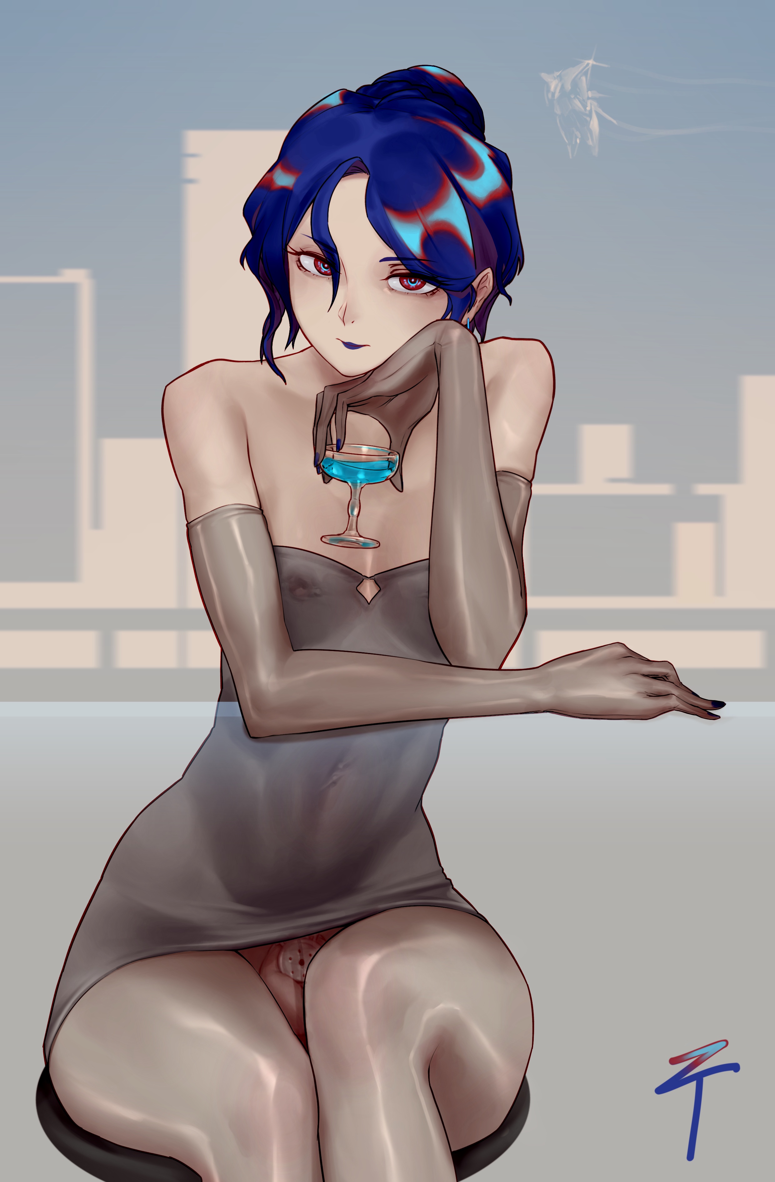 1boy, blue hair, cage, caged, caged cock, chastity, chastity cage, chastity device, cock cage, dress, drink, femboy, flat chastity cage, looking at viewer, male, penis, penis cage, revealing clothes, simple background, sissy, sitting, solo, solo focus, solo male, staring at viewer, tagme, tight clothing, trap, upskirt, ztyoho