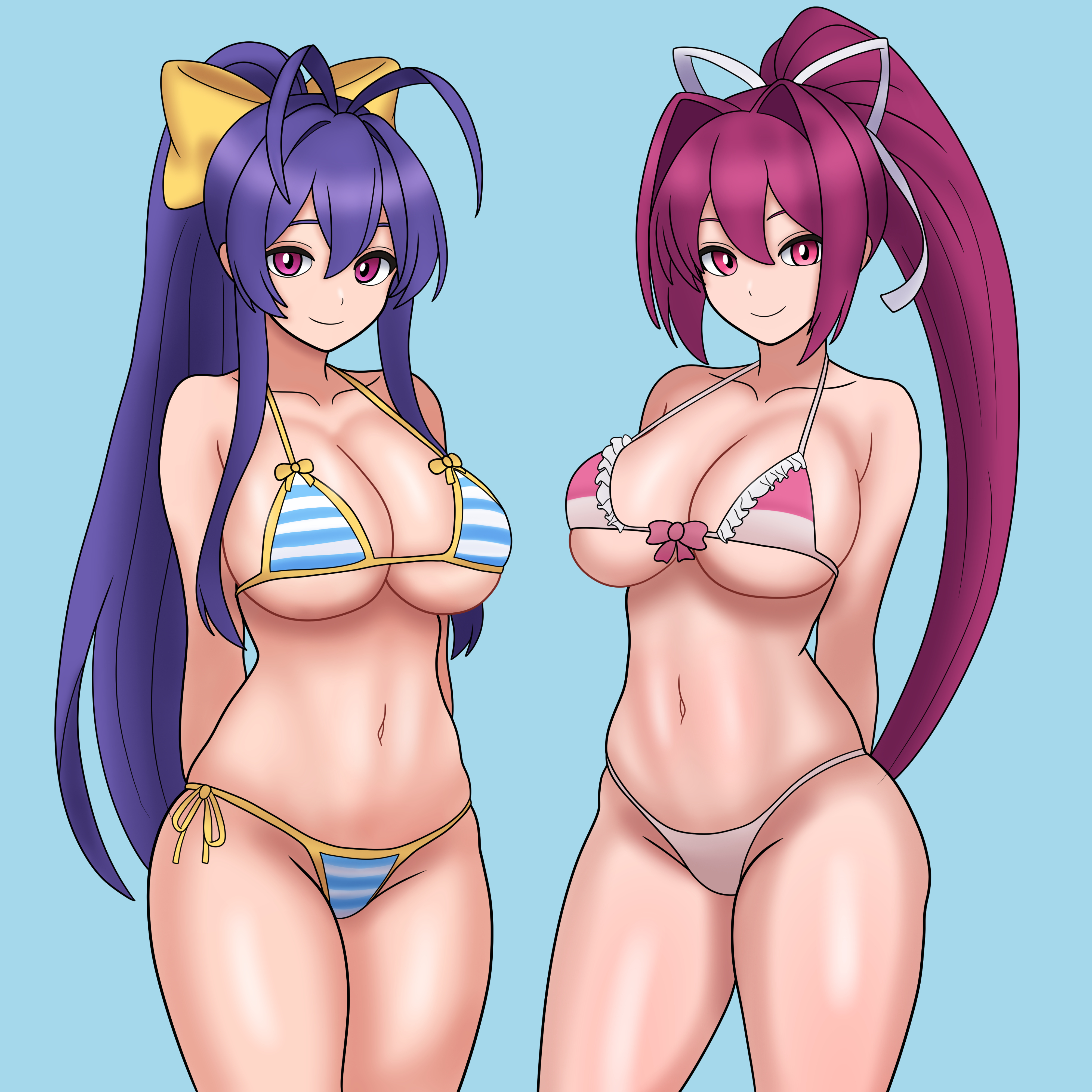 2girls, arc system works, arms behind back, big breasts, bikini, blazblue, blazblue: cross tag battle, bojack198, breasts, busty, cleavage, crossover, female, female only, hair ribbon, hi res, highres, large breasts, legs, long hair, looking at viewer, mai natsume, multiple females, multiple girls, navel, pink eyes, pink hair, ponytail, pose, posing, purple eyes, purple hair, ribbon, smile, swimsuit, thighs, thong bikini, toned, under night in-birth, very long hair, voluptuous, yuzuriha (under night in-birth)