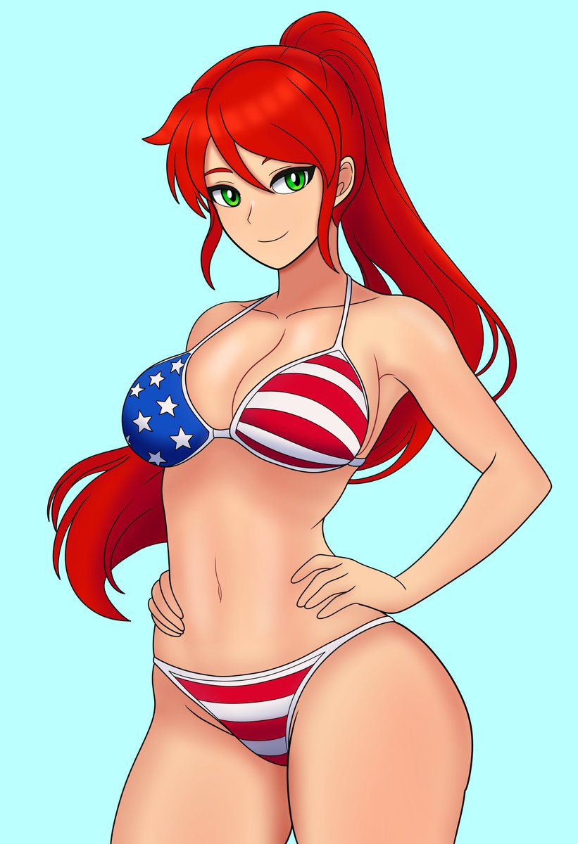 1girls, american flag bikini, bikini, bojack198, female, green eyes, ponytail, pyrrha nikos, red hair, rwby