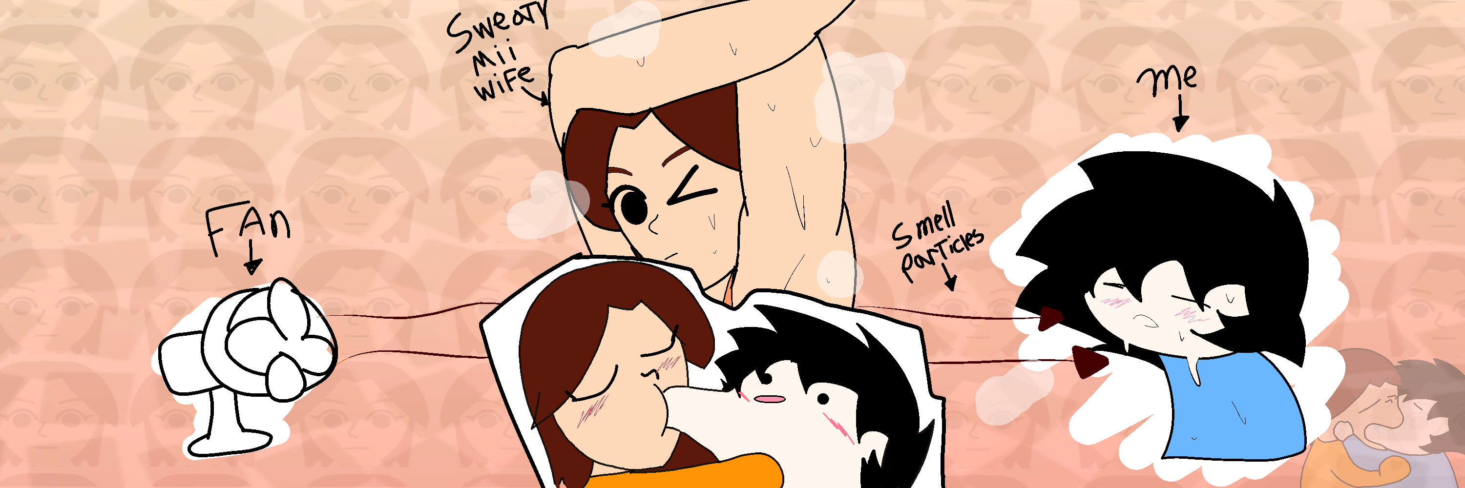 angelonce, armpit fetish, armpits, banner, black hair, canon couple, canon x oc, kissing, mii, mii gunner, mii gunner (smash 4), mob face, nsfwed22, oc, oc x canon, original character, smell particles meme, steaming body, super smash bros., super smash bros. for nintendo 3ds and wii u, sweat, sweatdrop, sweaty, sweaty body, wife