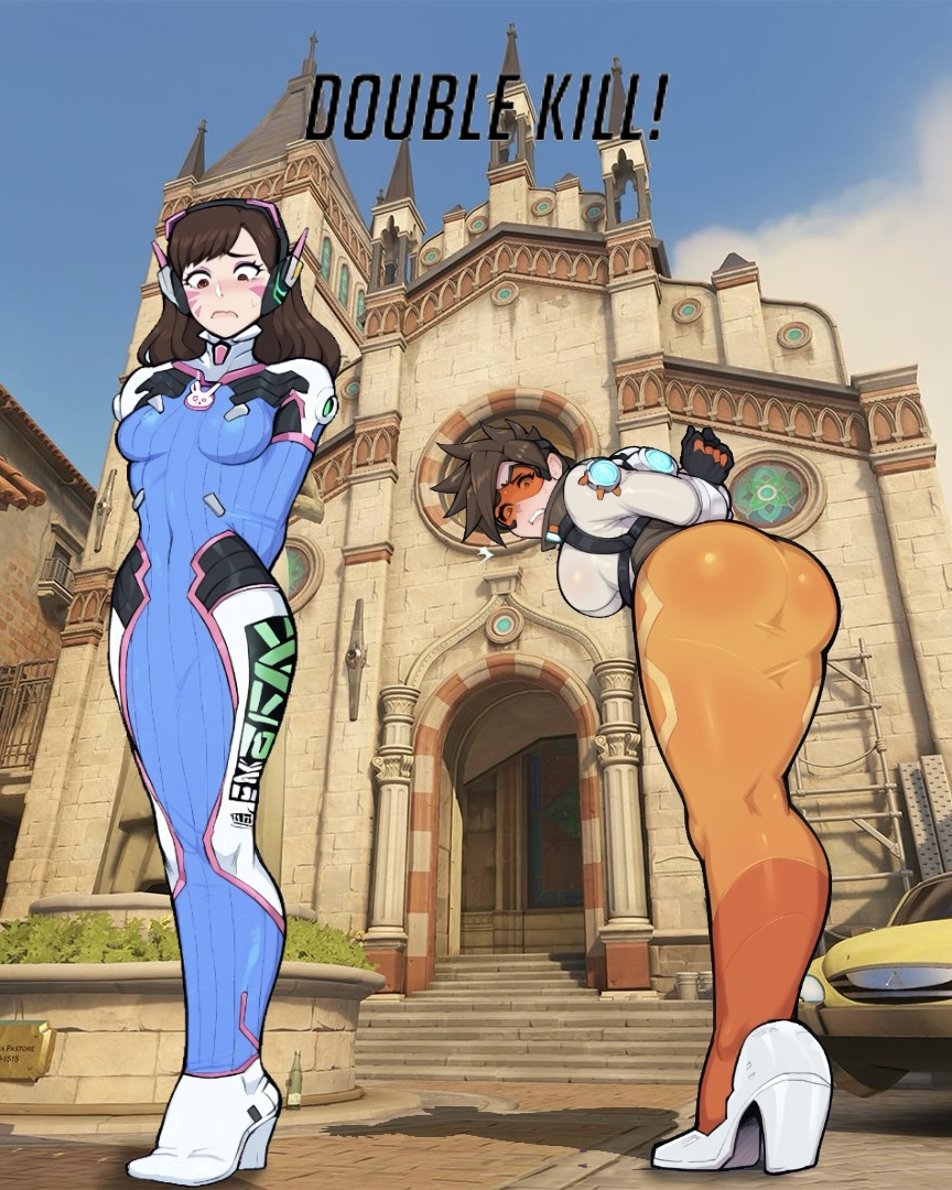 2girls, ai generated, bodysuit, bondage, brown hair, d.va, female, high heels, hobble, hobble dress, hobbled, hobbled (artist), overwatch, overwatch 2, standing, tagme, tight clothing, tracer, tracer (overwatch 2 suit), trapped, trapped in clothing, white clothing, worried