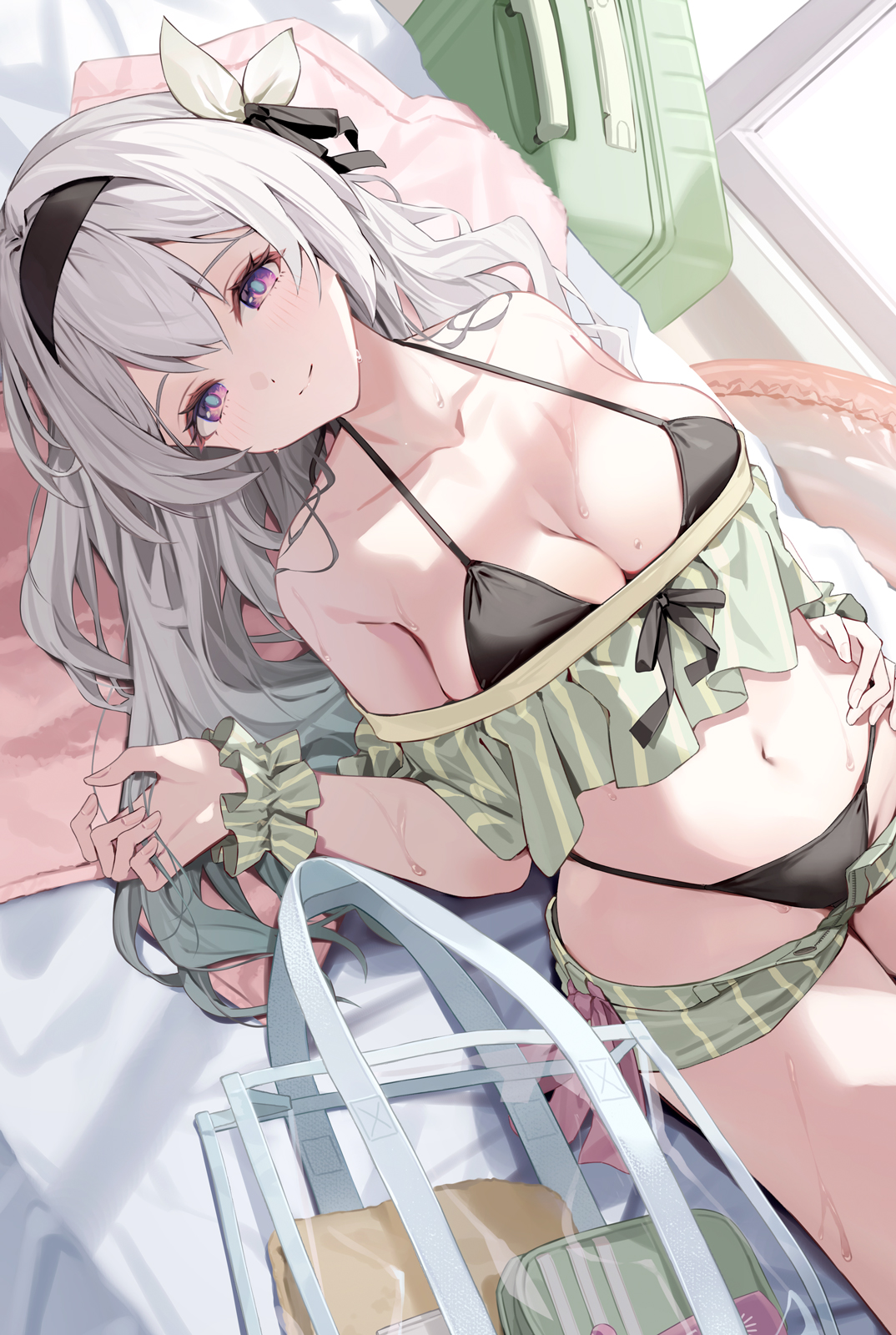 bag, bikini, black bikini, female, female only, firefly (honkai: star rail), grey hair, honkai (series), honkai: star rail, long hair, looking at viewer, lying on back, mo13tto, smiling