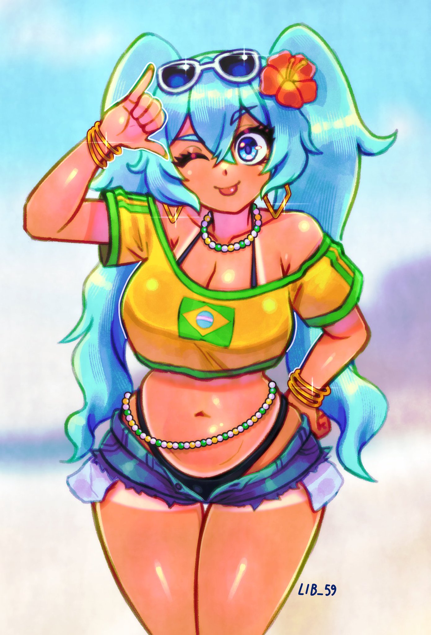 ;p, 1girl, 1girls, aqua hair, ass, big ass, big breasts, big thighs, bikini, bikini under clothes, blue eyes, blue hair, bracelet, brazil, brazilian, brazilian female, brazilian miku, breasts, cleavage, crop top, cyan eyes, cyan hair, dark skin, dark-skinned female, denim, denim shorts, earrings, eyewear on head, female, female only, flower, hair flower, hair ornament, hand on hip, hatsune miku, hibiscus, huge ass, huge breasts, huge thighs, jewelry, large breasts, latin american hatsune miku (meme), lib 100, lib 59, lifted shirt, lifting shirt, long hair, looking at viewer, midriff, navel, necklace, one eye closed, shirt, shorts, smile, solo, sunglasses, swimsuit, tagme, tan, tan body, tanlines, thick hips, thick thighs, thighs, thong, tongue, tongue out, twintails, very long hair, vocaloid