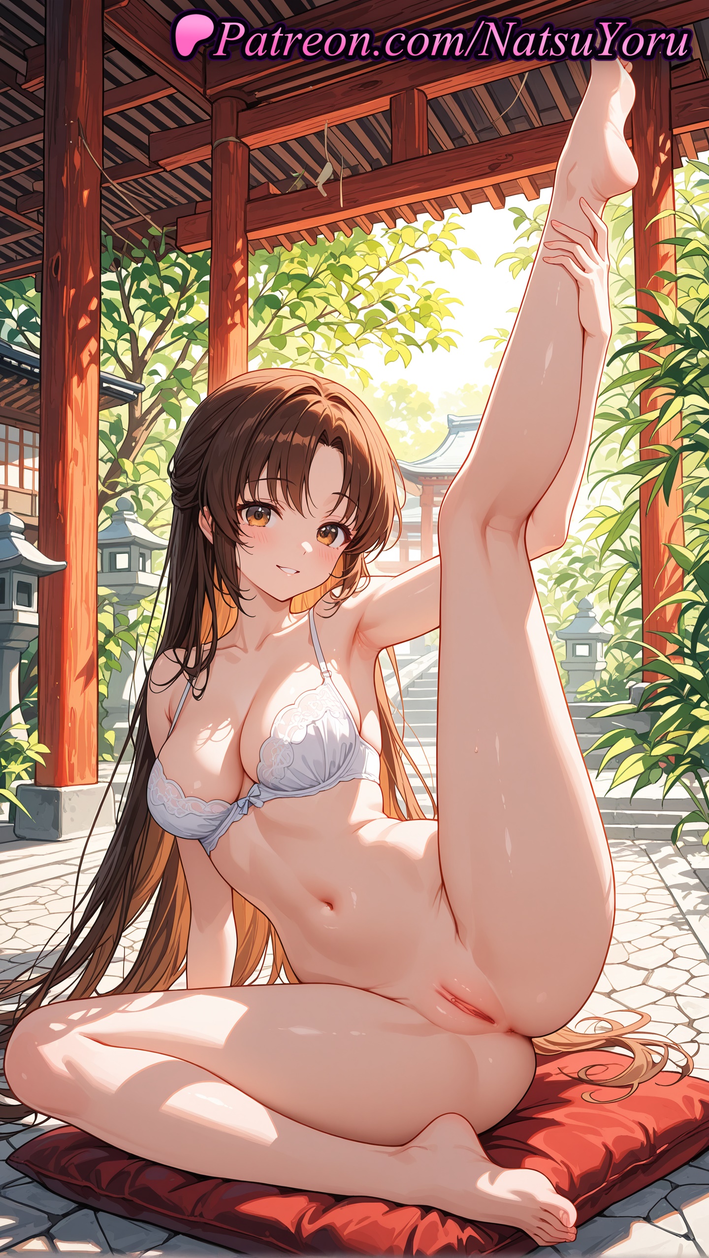 1girls, 2025, ai generated, armpit, armpits, bangs, barefoot, bottomless, bra, breasts, brown eyes, brown hair, cleavage, collarbone, domestic na kanojo, feet, female, female only, grin, hi res, highres, leg up, legs, long hair, looking at viewer, natsuyoru, navel, patreon, pussy, sitting, smile, solo, split, spread legs, stomach, stone lantern, tachibana hina, toes, uncensored, underwear, underwear only, vagina, voluptuous, voluptuous female, white bra