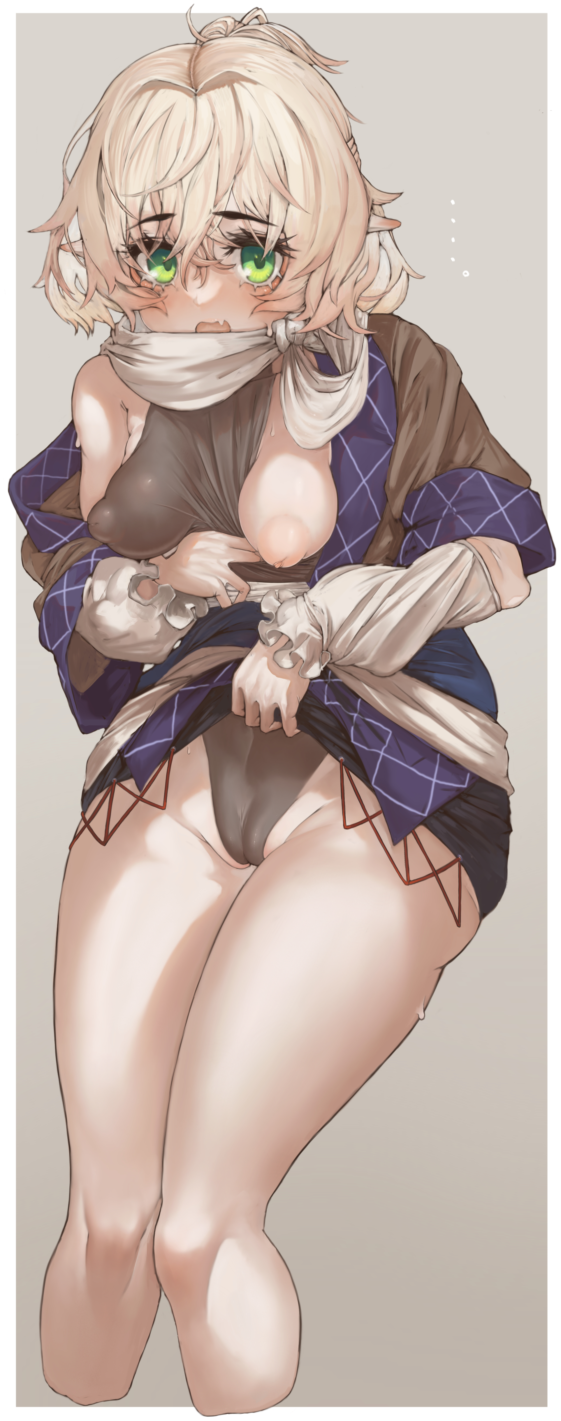 blonde female, blonde hair, breasts, cameltoe, female, female only, green eyes, inverted nipples, mizuhashi parsee, one breast out, pointy ears, puffy areola, pussy, pussy visible through clothes, rustycork, skin fang, small breasts, sweatdrop, touhou