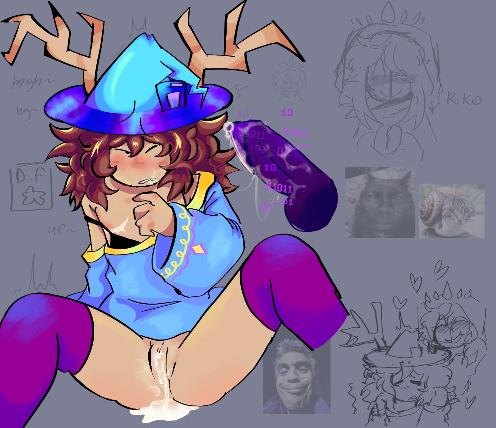 226w6, after sex, antlers, balls, blush, bottomless, brown hair, cum, cum drip, cum in pussy, cum string, diftop, disembodied penis, female, forsaken (roblox), half-dressed, horns, male, mastectomy scar, meme in the background, noli (forsaken), nonbinary, one eye closed, partially clothed, penis, pussy, roblox, roblox game, robloxian, saliva, saliva on penis, self upload, transmasc, trembling