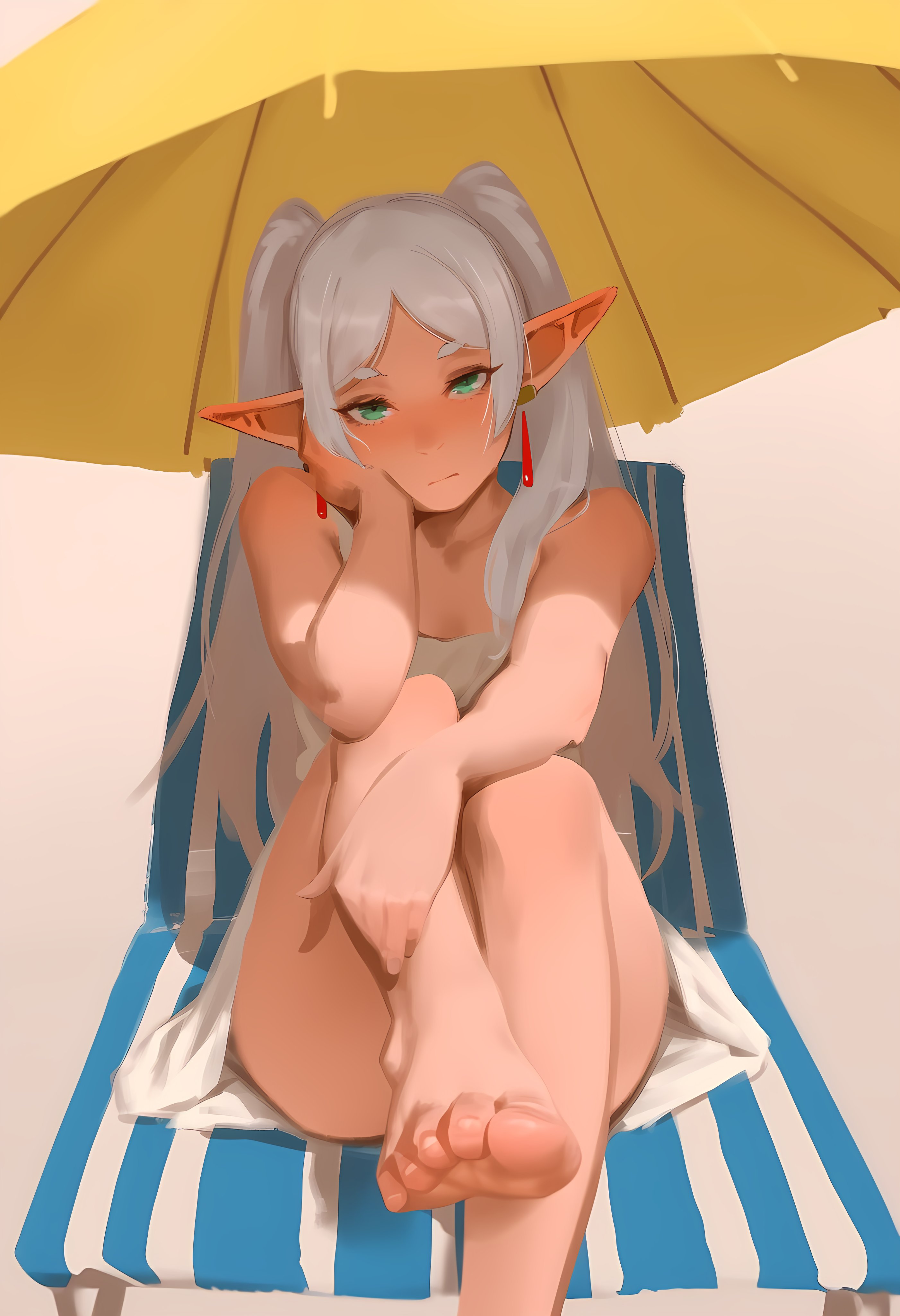1girls, ai assisted, beach, blush, blushing at viewer, blushing female, casual, clothed, clothed female, earrings, elf, elf ears, elf female, elf girl, feet, feet focus, feet up, female, foot fetish, foot focus, frieren, frieren beyond journey's end, green eyes, looking at viewer, randomscribblas, soles, soles female, sousou no frieren, toes, toes curled, twintails, white hair