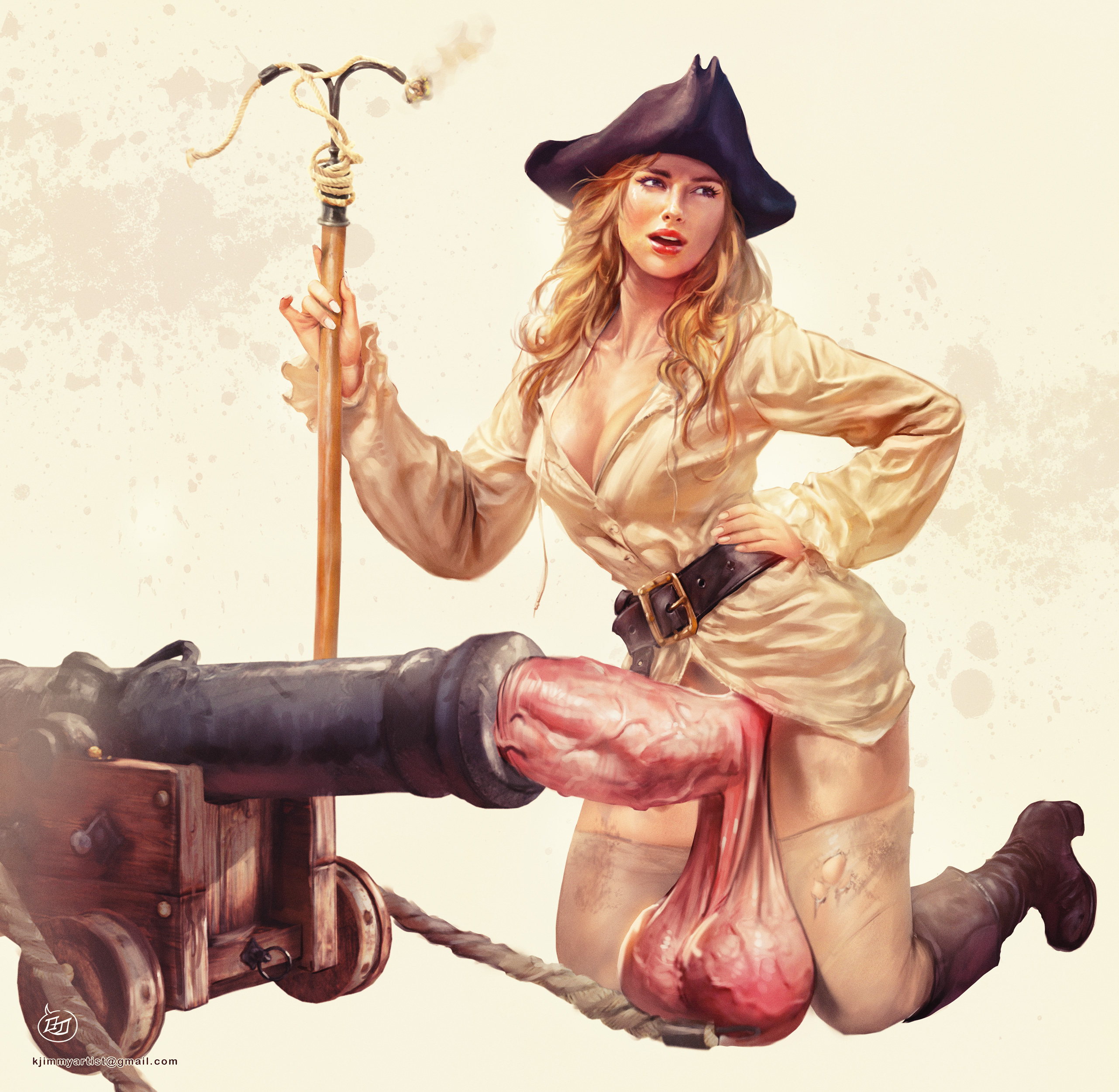 1futa, cannon, elizabeth swann, futa only, futanari, hyper penis, intersex, keira knightley, kinkyjimmy, kneeling, penis, pirate, pirate hat, pirates of the caribbean