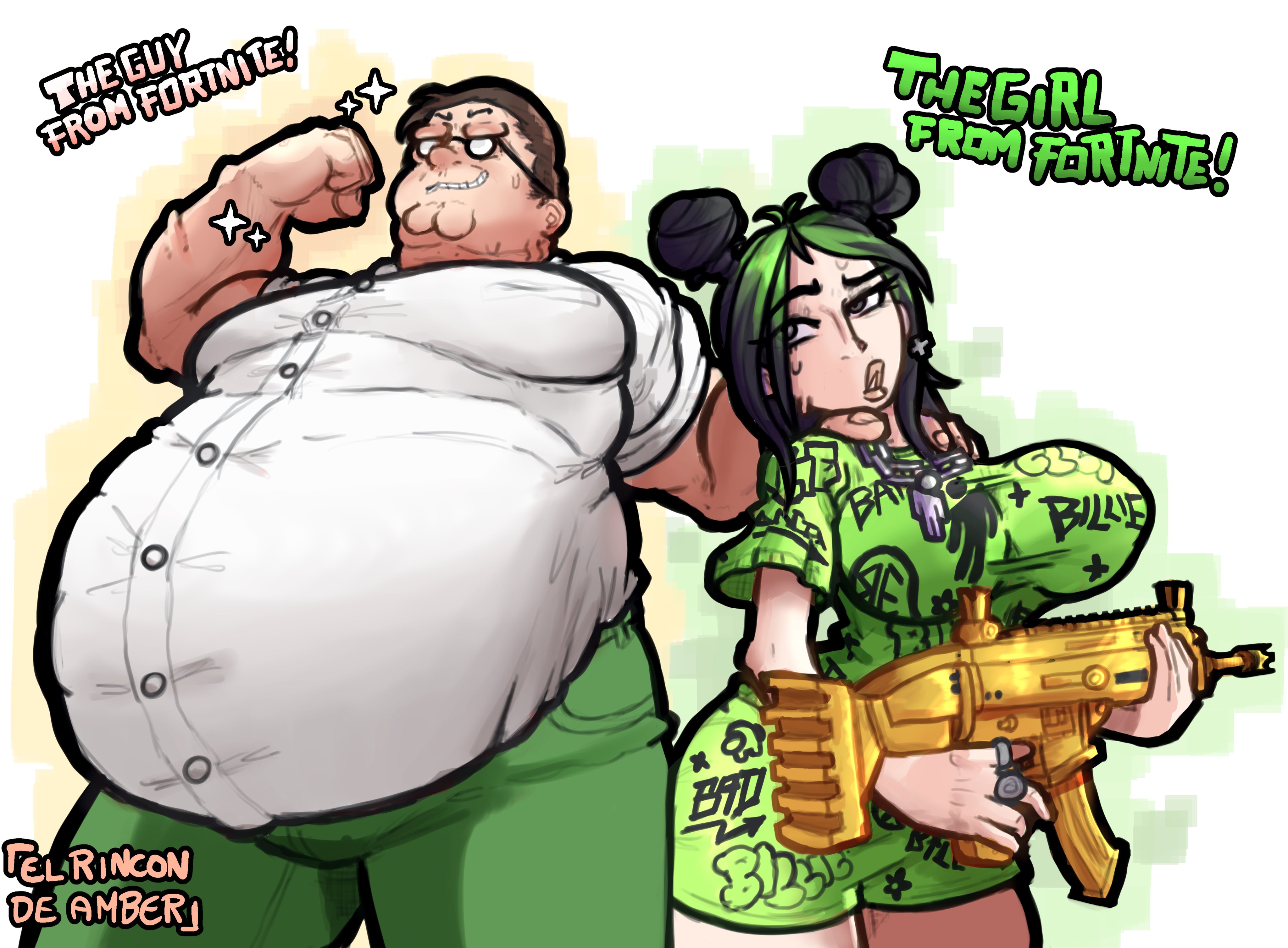 1boy, 1girls, big breasts, bigger male, billie eilish, billie eilish (fortnite), black hair, breasts, brown hair, celebrity, dress shirt, el rincon de amber, english text, family guy, fat male, female, fortnite, green hair, gun, huge breasts, large breasts, male, meme, multicolored hair, peter griffin, real person, smaller female, text