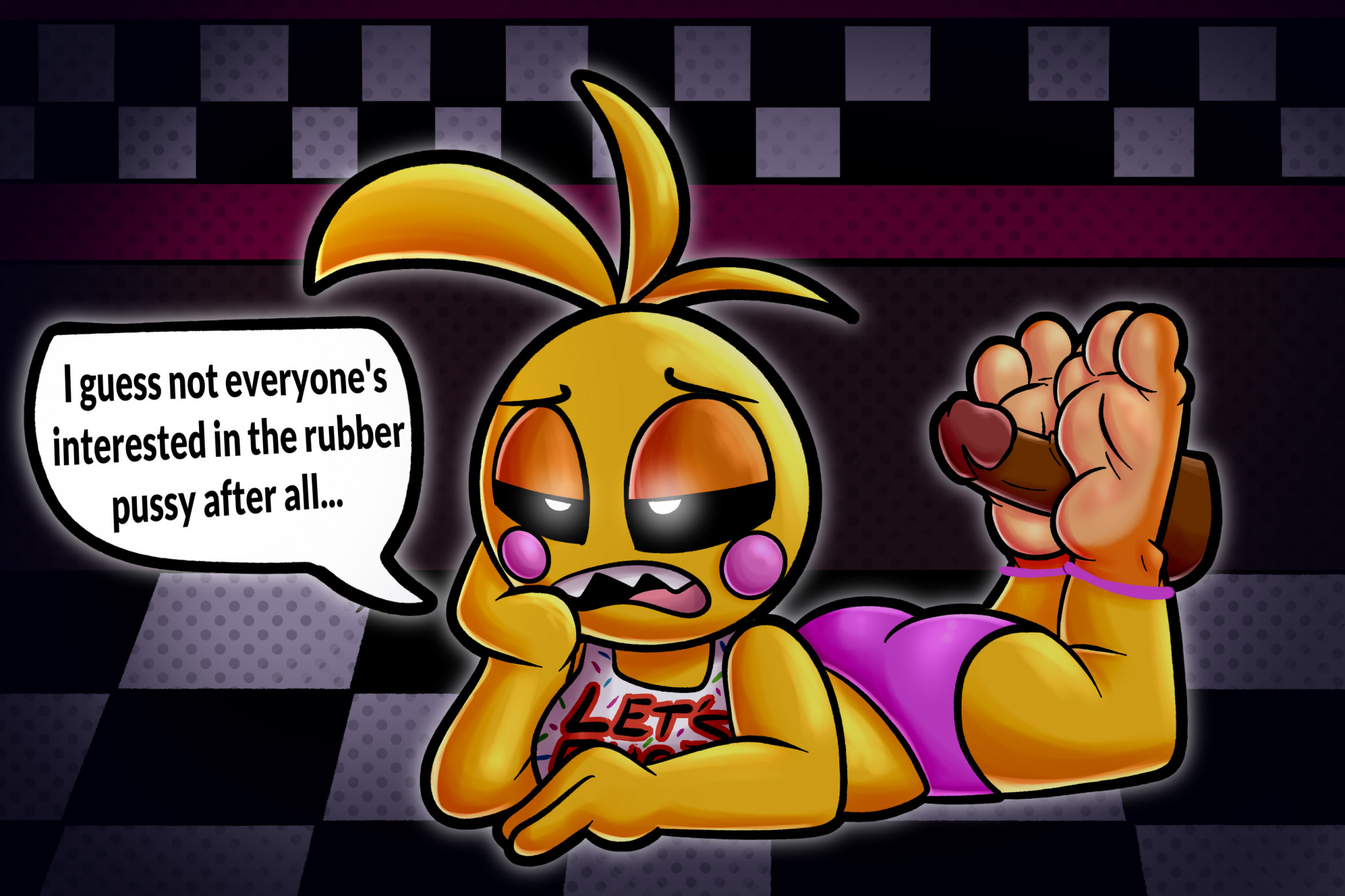 1girls, animatronic, animatronic female, baggy (artist), chicken, chicken girl, dark-skinned male, female, five nights at freddy's, five nights at freddy's 2, foot fetish, foot focus, footjob, male, robot, robot girl, scottgames, toy chica (fnaf)
