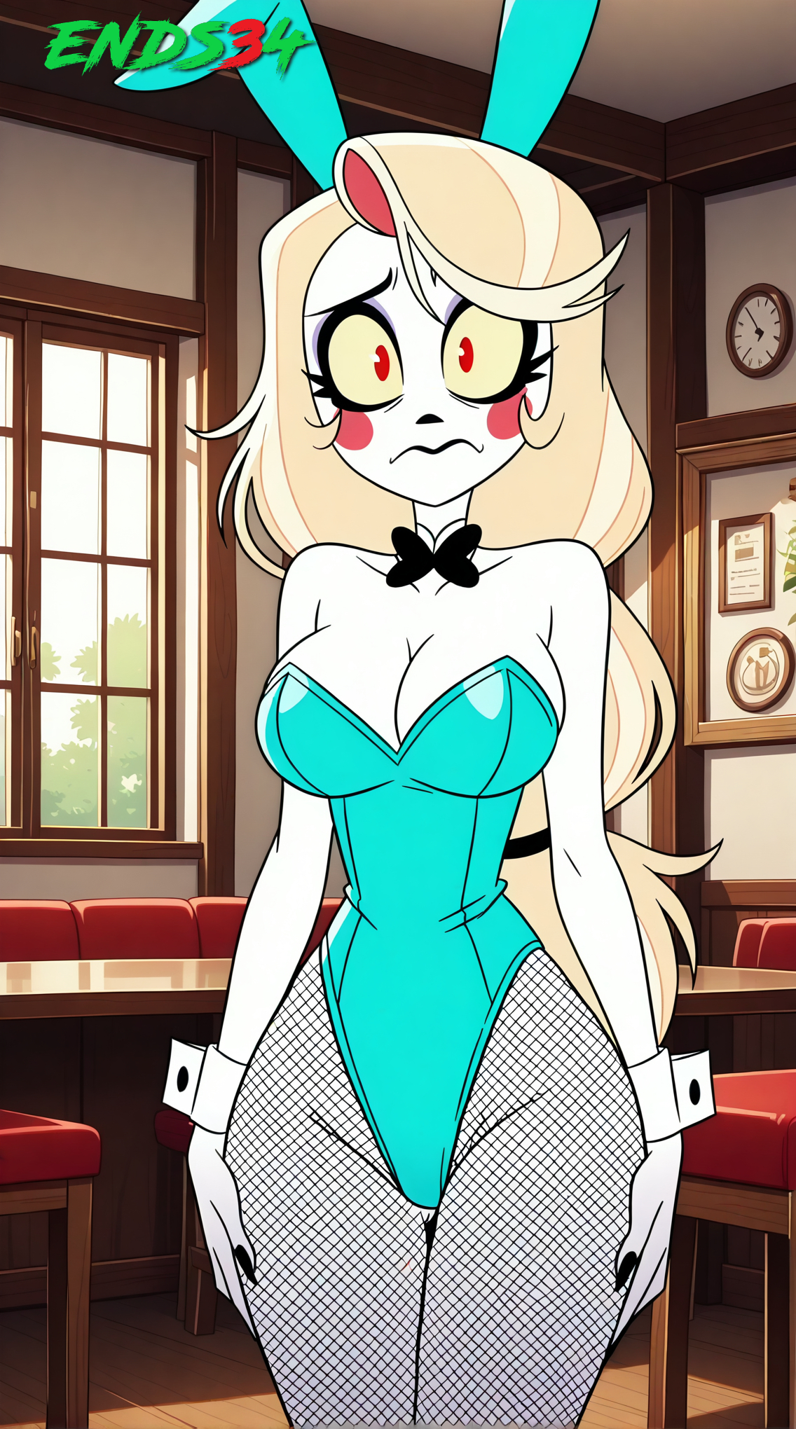 2025, ai generated, big breasts, blonde hair, breasts, bunny girl, charlie morningstar (hazbin hotel), ends34, female, female only, hazbin hotel, hips, narrow waist, red eyes, sexy, standing, white body, worried