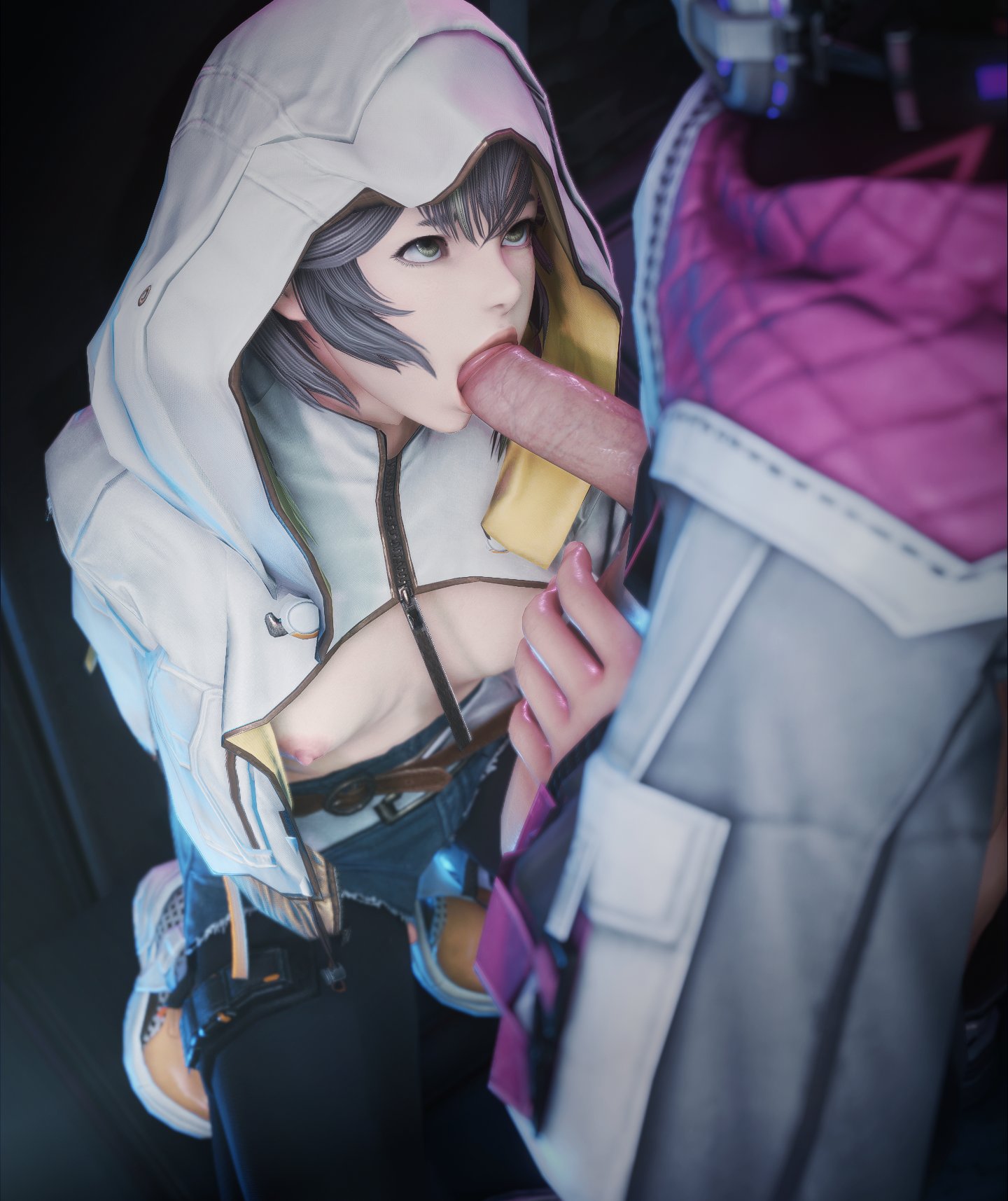 1boy, 1girls, blowjob, breasts, breasts out of clothes, fellatio, final fantasy, final fantasy xiv, greenbean nsfw, hood up, kneeling, nipples, penis, public, public sex, queen sphene, unseen male face