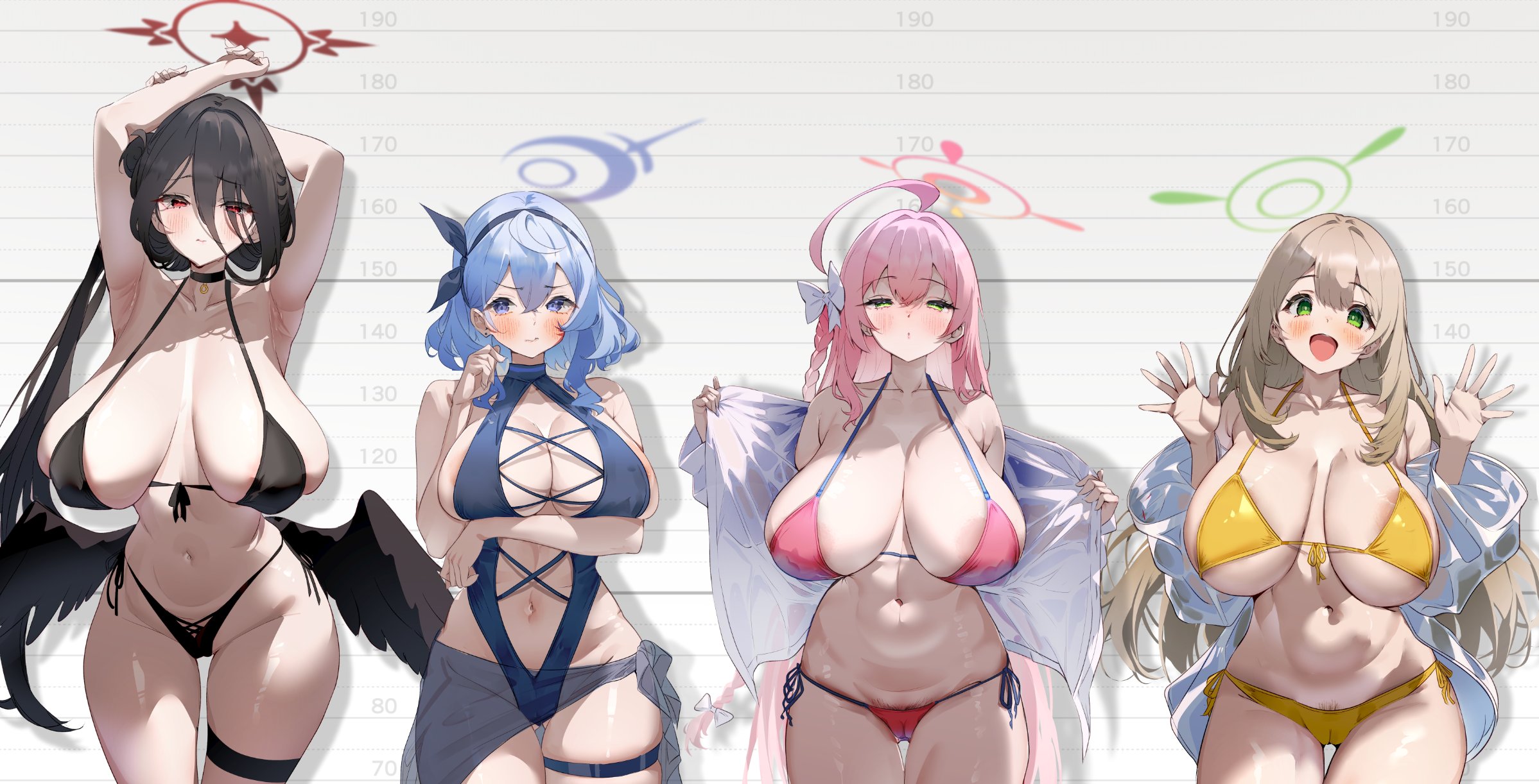 4girls, ahoge, ako (blue archive), alternate costume, bikini, bikini under clothes, black bikini, black choker, black hair, black wings, blue archive, blue eyes, blue hair, bow, bow hairband, braid, breasts, brown hair, chart, choker, cleavage, collarbone, cross halo, feathered wings, female, front-tie top, green eyes, hair between eyes, hair bun, hairband, hairbow, halo, hanako (blue archive), hanako (swimsuit) (blue archive), hasumi (blue archive), hasumi (swimsuit) (blue archive), height chart, height comparison, height mark, highleg, highleg bikini, highres, huge breasts, large areolae, large breasts, lineup, long hair, long sleeves, low wings, multiple females, multiple girls, navel, nipples, nonomi (blue archive), nonomi (swimsuit) (blue archive), official alternate costume, official alternate hairstyle, open mouth, oversized clothes, oversized shirt, oversized wings, pink hair, pink halo, red eyes, red halo, sakusakusakurai, shirt, side-tie bikini bottom, size chart, size comparison, swimsuit, white shirt, wings, yellow bikini