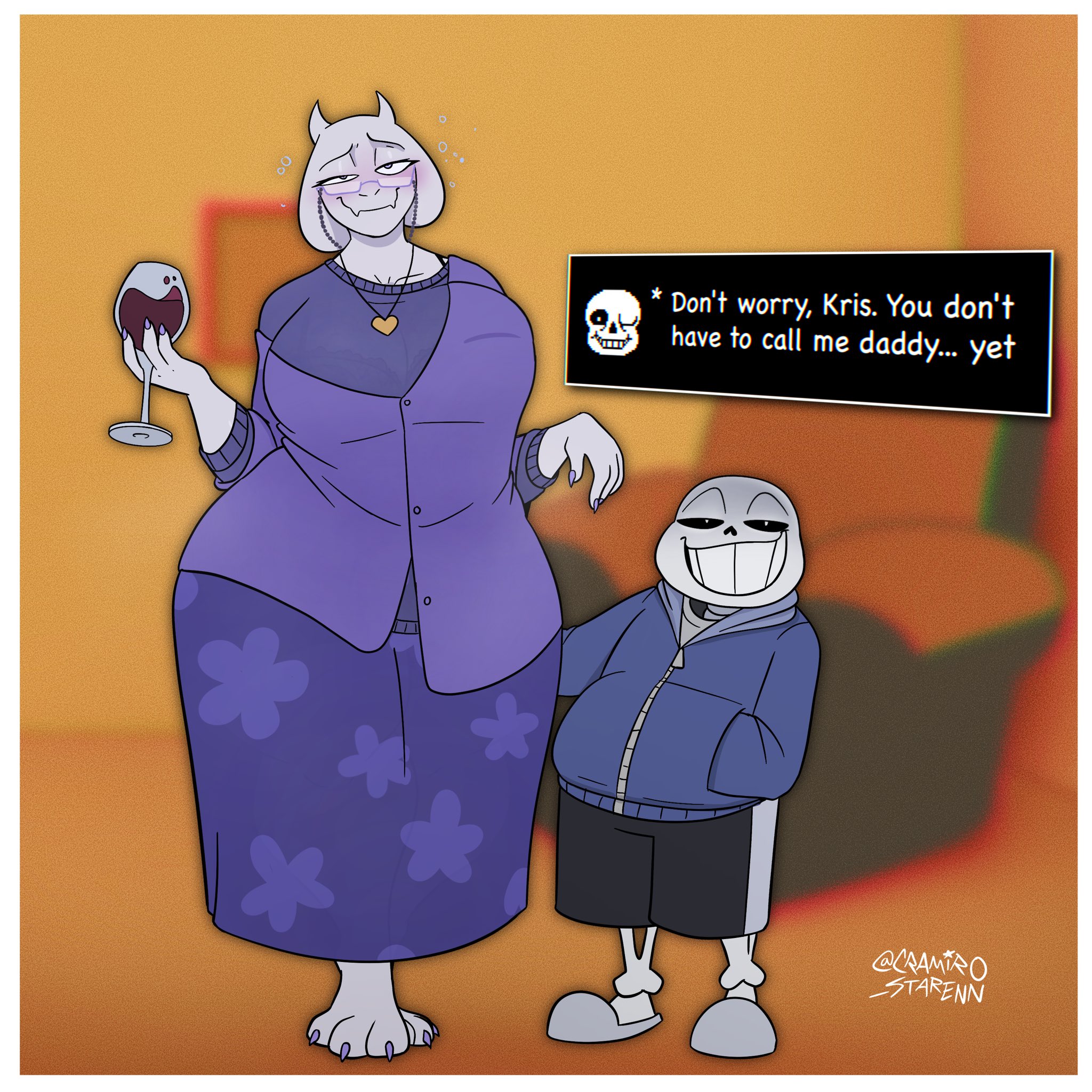 1boy, 1girls, anthro, cramiro, deltarune, dialogue, female, furry, male, sans, solo female, straight, tagme, toriel, undertale, undertale (series)