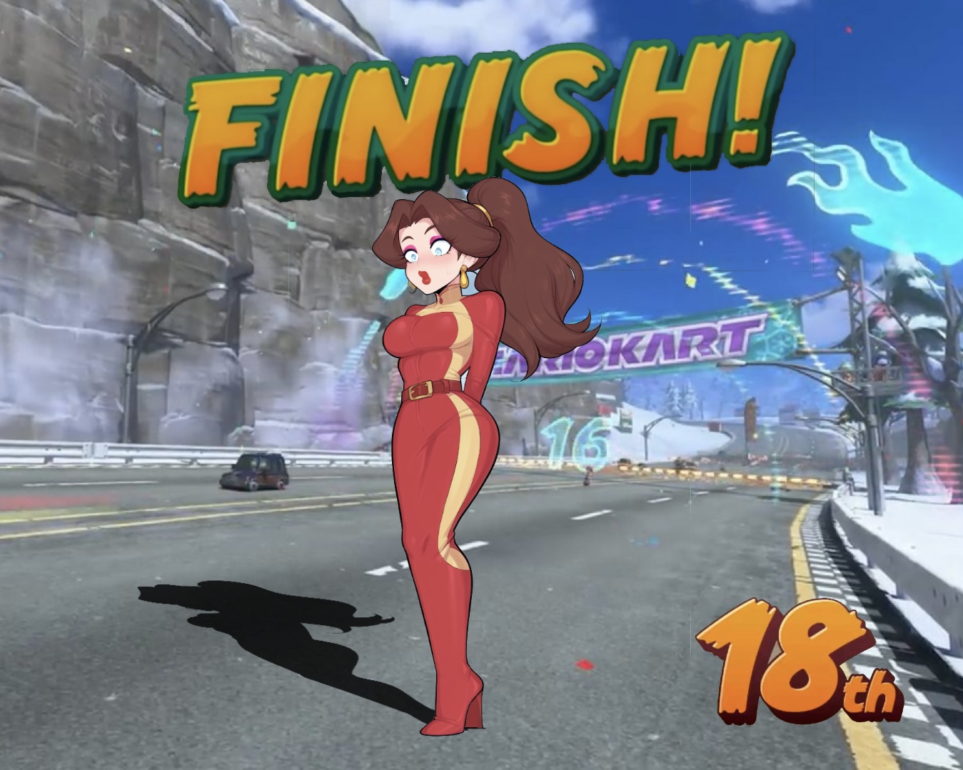 1girls, blue eyes, bodysuit, bondage, brown hair, car, female, high heels, hobble, hobble dress, hobbled, hobbled (artist), mario (series), mario kart, mario kart world, nintendo, pauline, pauline (aero), snow, standing, tagme, tight clothing, trapped, trapped in clothing, white clothing, worried