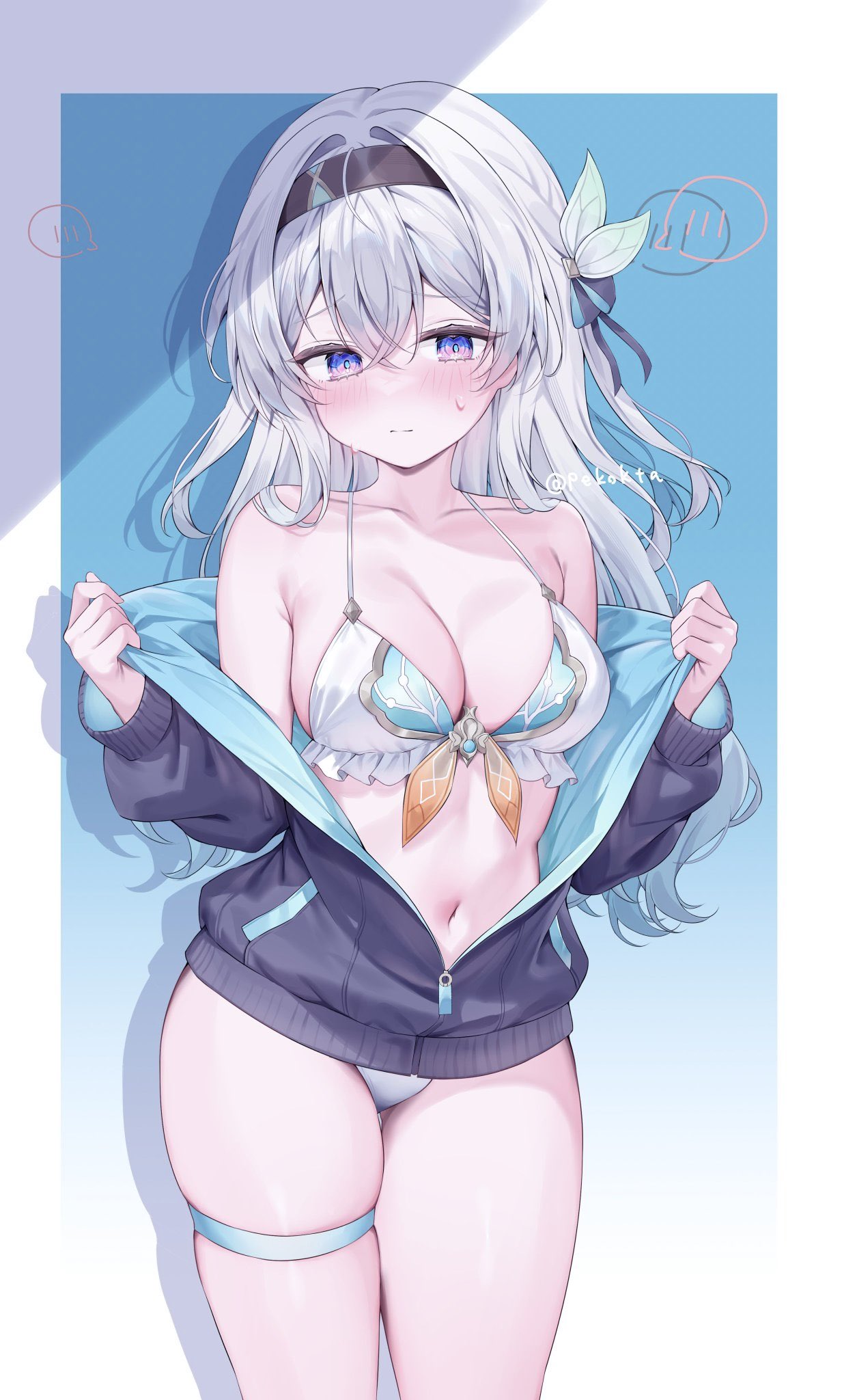 1girls, bikini, blush, female, female only, firefly (honkai: star rail), flustered, garter straps, grey hair, honkai (series), honkai: star rail, long hair, pekokota, thigh strap, underwear, undressing