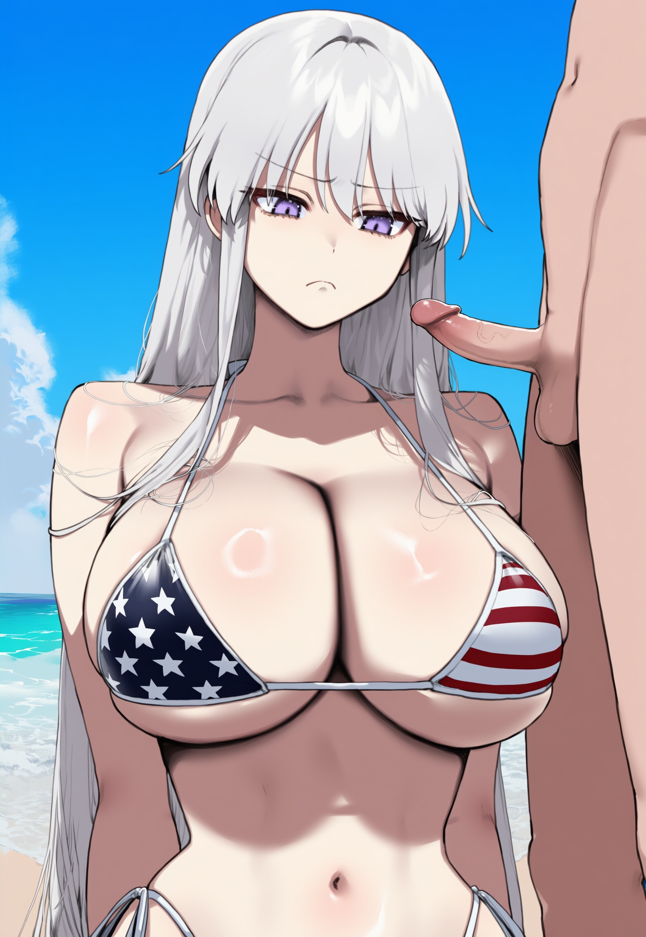 ai generated, american flag bikini, azur lane, beach, big breasts, breasts, enterprise (azur lane), female, long hair, looking at penis, male, penis, small penis, truck kun, white hair