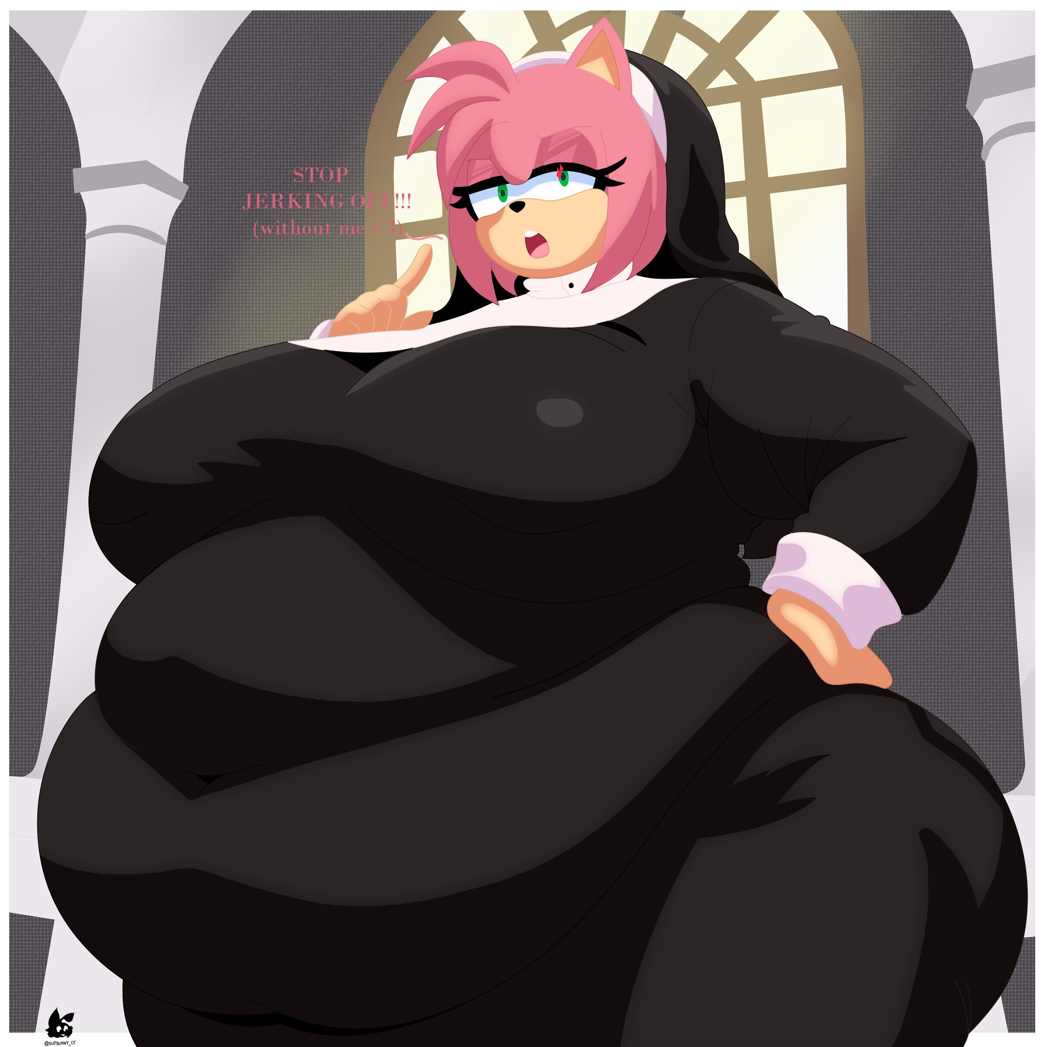 1girls, 5 fingers, amy rose, annoyed, anthro, artist signature, bbw, belly, big belly, big breasts, breasts, church, clothed, clothing, countershade face, countershading, cream fur, eulipotyphlan, eyelashes, fat, fat arms, fat female, fat fur, fatfur, female, female only, furry, gluteal fold, green eyes, half-closed eyes, hand on hip, hedgehog, hedgehog girl, love handles, mobian (species), nun, nun outfit, obese, obese female, overweight, overweight female, pink fur, pink hair, pork chop, robes, scolding, sega, segmented stomach, solo, sonic (series), sonic the hedgehog (series), supbunny ly, text, yapbunny