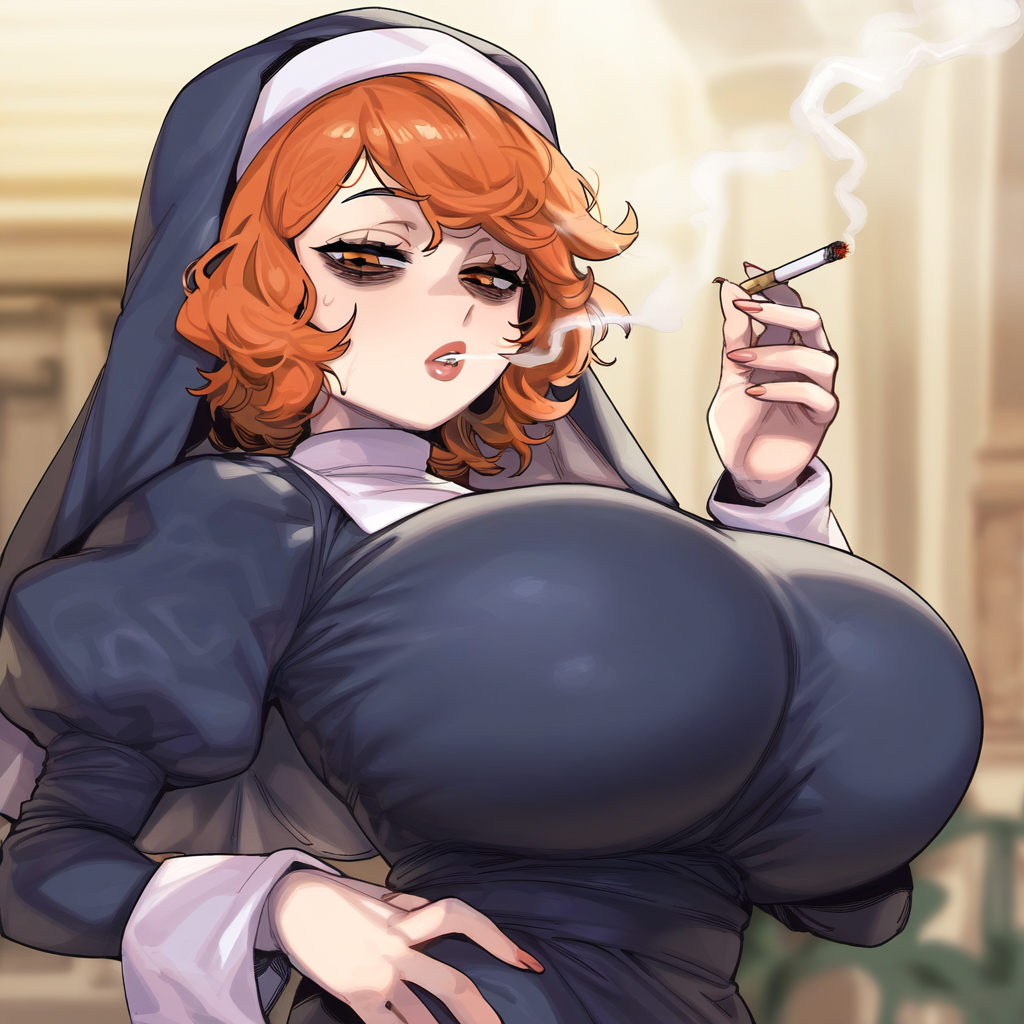 ai_generated bent_over big_breasts blush church church_interior cigarette cigarette_smoke closed_eyes holding_cigarette nun nun_outfit orginal_character original original_character red_hair smoking smoking_cigarette thick_ass thick_thighs