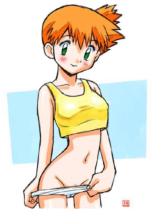 beige_skin blush breasts color female female_only green_eyes gym_leader hair human human_only ikurumi_kaoru jpeg_artifacts kasumi_(pokemon) mound_of_venus navel nintendo orange_hair panties panty_pull pointy_chin pokemon pokemon_(anime) skin solo tank_top underwear white_panties