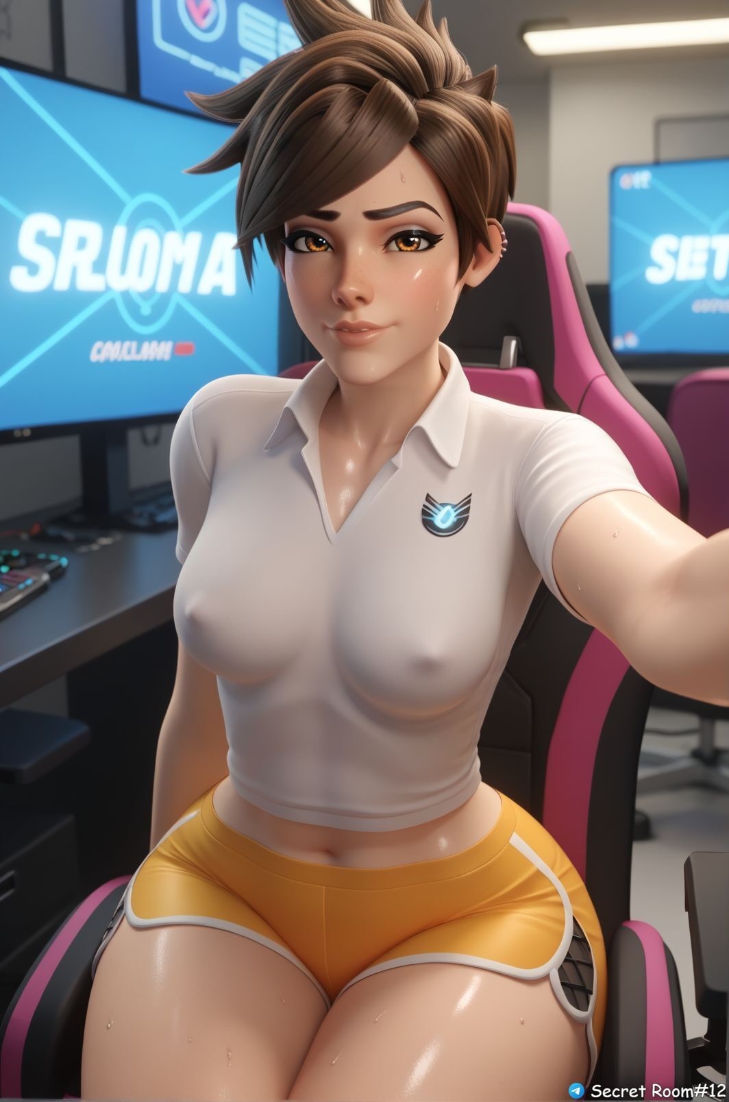 3d ai_generated big_hips blizzard_entertainment braless breasts brown_hair curvy curvy_figure female front_view looking_at_viewer navel nipples overwatch overwatch_2 pony_diffusion_xl secret_room12 selfie shiny_skin short_hair sitting stable_diffusion tracer video_game video_game_character video_games yellow_eyes