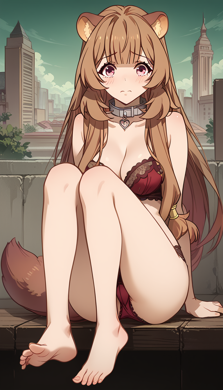 1girls ai_generated animal_ear_fluff animal_ears ass bangs bare_legs bare_shoulders barefoot blunt_bangs blush bra breasts brown_hair building cleavage closed_mouth collar collarbone feet frown full_body knees_up lace-trimmed_bra large_breasts legs lingerie long_hair looking_at_viewer medium_breasts natsuyoru outdoors panties pink_eyes raccoon_ears raccoon_girl raccoon_tail raphtalia red_bra red_eyes red_panties sidelocks sitting sky soles solo tail tate_no_yuusha_no_nariagari tears the_rising_of_the_shield_hero thighs toenails toes underwear underwear_only very_long_hair