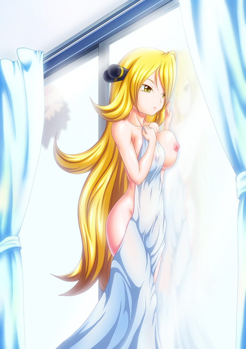 blonde hair, breast press, breasts, brock (pokemon), cynthia (pokemon), erect nipples, female, glass, highres, large breasts, long hair, nipples, nude, ossannoa, pokemon, when you see it, yellow eyes