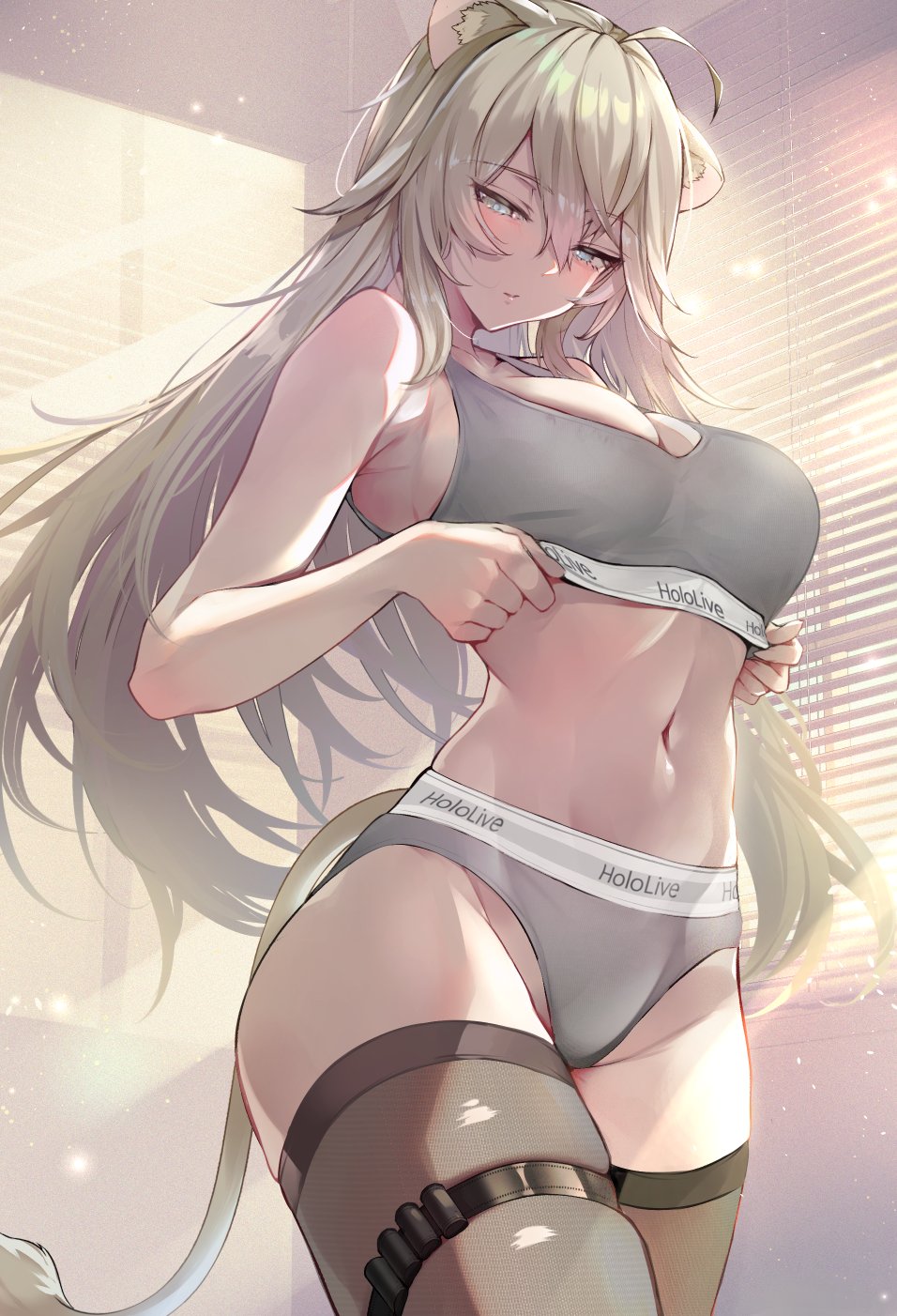 1girl animal_ears animal_tail blush breasts female female_only grey_panties grey_sports_bra hololive kemono kemonomimi large_breasts long_hair looking_down navel omoti_(1201208) pale-skinned_female pale_skin panties shishiro_botan silver_eyes silver_hair sports_bra thick_thighs thigh_strap vtuber wide_hips