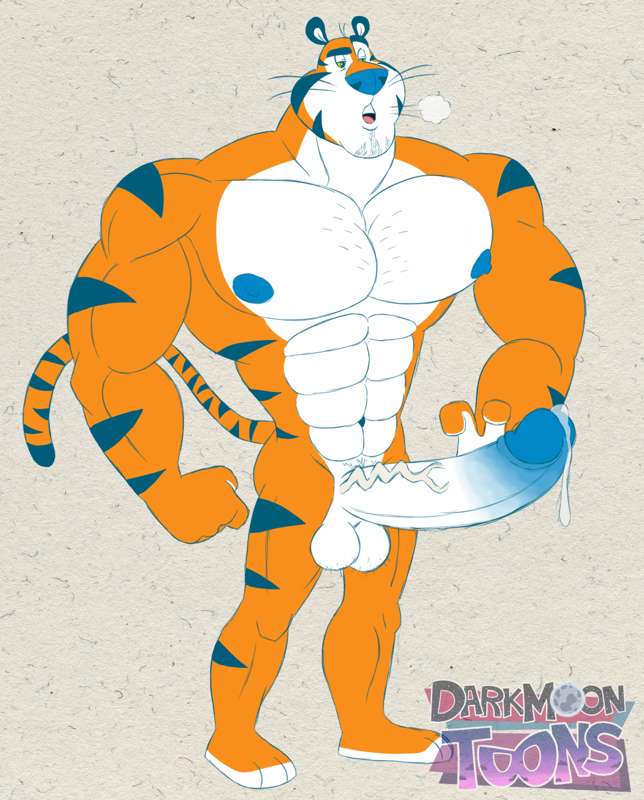 balls big_penis black_stipes boner cereal_mascot cum cumming darkmoontoons frosted_flakes frosties furry male_only muscles muscular naked orange_fur orgasm penis tiger tony_the_tiger white_abs white_balls white_pecs white_penis