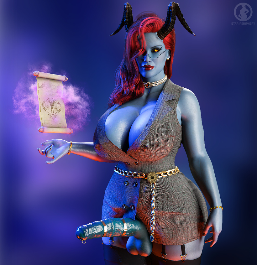 3d big_breasts big_penis demon demon_futa demon_futanari demon_horns fat_cock futa_only futanari glasses horns iris_(star_periphery) large_penis pierced_penis red_hair star_periphery succubus succubus_horns thick_thighs voidpilgrim