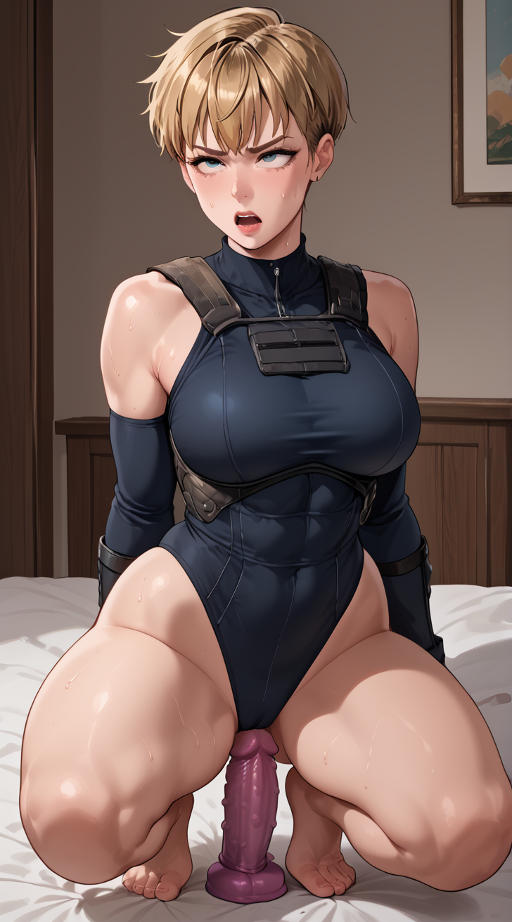 ai_generated ass blonde_hair caked_up curvy dildo eteeming female_only grace_harper moaning pixie_cut short_hair solo terminator terminator_(franchise) terminator_dark_fate tomboy