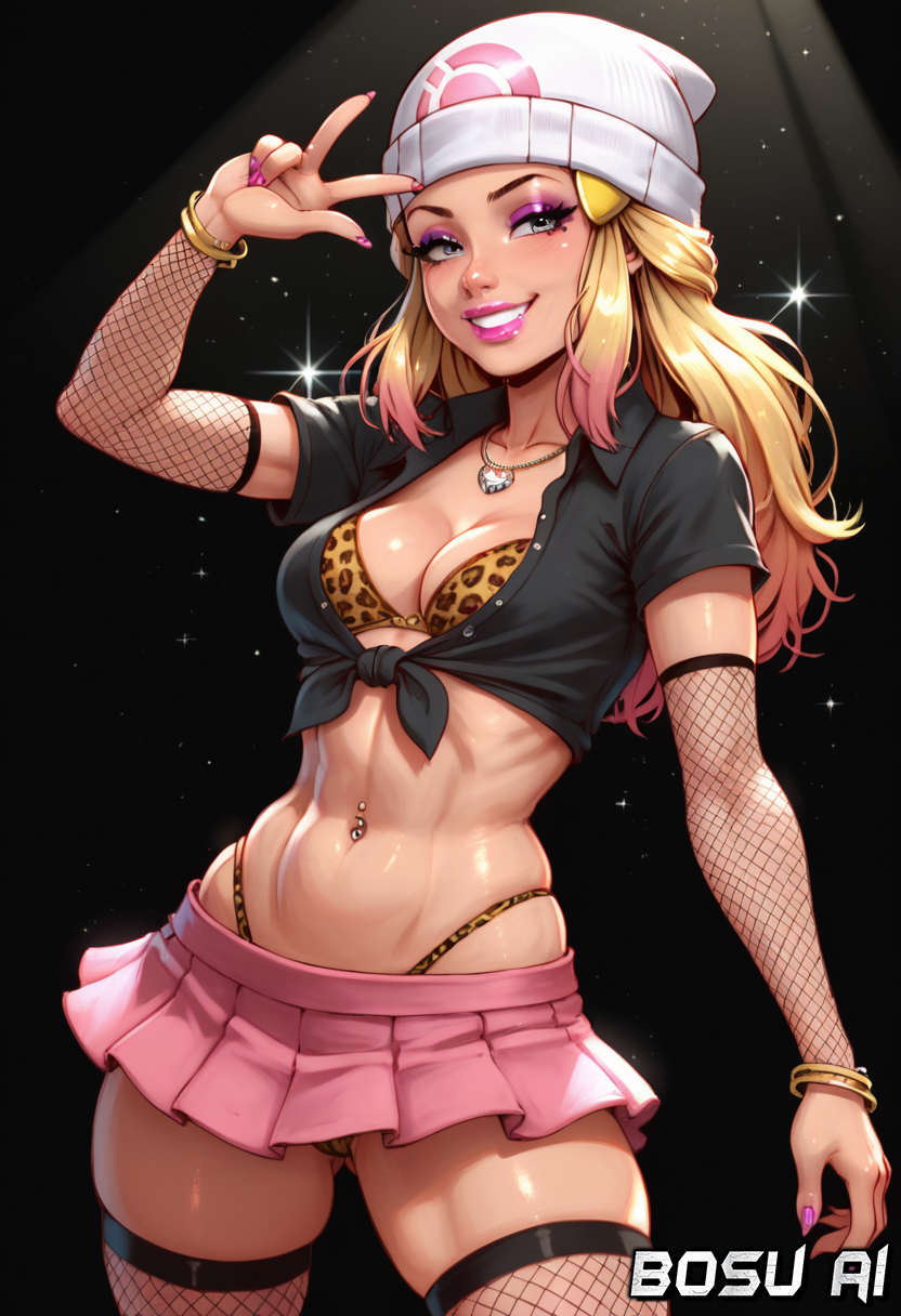 ai_generated beanie bitch bosu_ai dawn_(pokemon) fishnets gloves gyaru jewelry leopard_print lipstick makeup microskirt navel_piercing open_shirt pokemon thighhighs