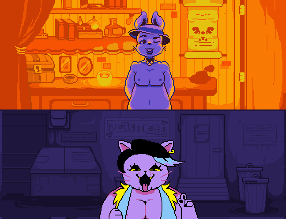 accurate_art_style breasts catty_(undertale) ddeter398278 furry pixel_art snowdin_shopkeeper sprite sprite_edit teasing teasing_viewer tits_out undertale undertale_(series)