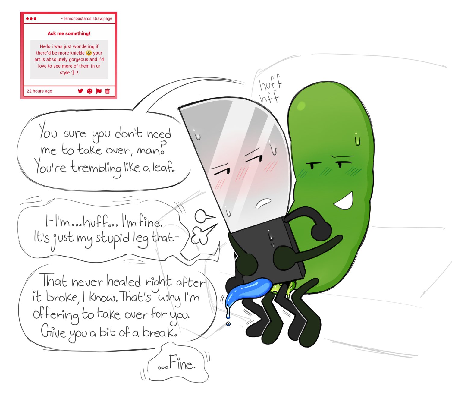 2boys, anal, anal sex, blush, bodily fluids, citrus bastard, comic, dialogue, duo, gay, genital fluids, genitals, inanimate insanity, knife (ii), leaking precum, lemonbastards, male, male only, male/male, object shows, penile, penile penetration, penis, pickle (ii), precum, precum drip, precum string, sex, speech bubble, steam, sweat, tentacle penis, text
