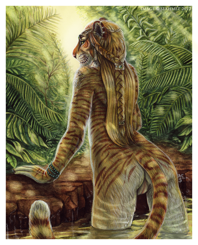 anthro blonde_hair bracelet braid feline female ferns fur furry green_eyes hair jewelry long_hair looking_at_viewer looking_back plants pussy sekhmet tiger water