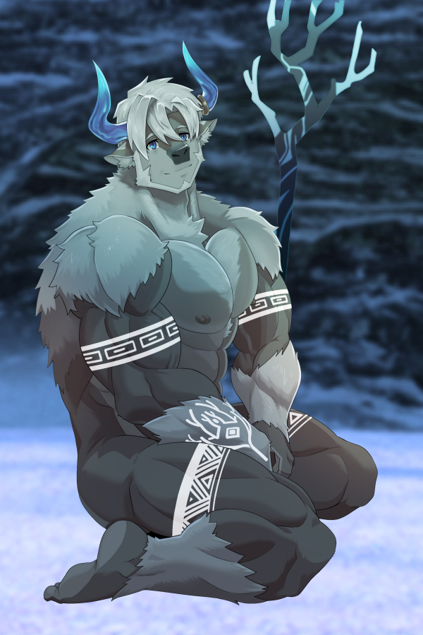 2022 2_horns anthro bigfoot_(tas) blue_eyes blue_horn bovid bovine cattle colored feet grausummon horn humanoid_feet lifewonders male mammal muscular muscular_anthro muscular_male nude plantigrade snow solo tokyo_afterschool_summoners