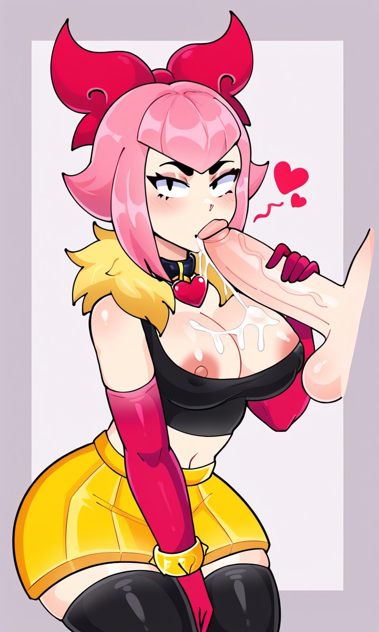 asian_female big_penis brawl_stars clothed clothed_female_nude_male cum cum_in_mouth cum_on_breasts cumshot disembodied_penis fallnkit fellatio huge_cock looking_at_viewer melodie_(brawl_stars) partially pink_hair skirt thick_thighs