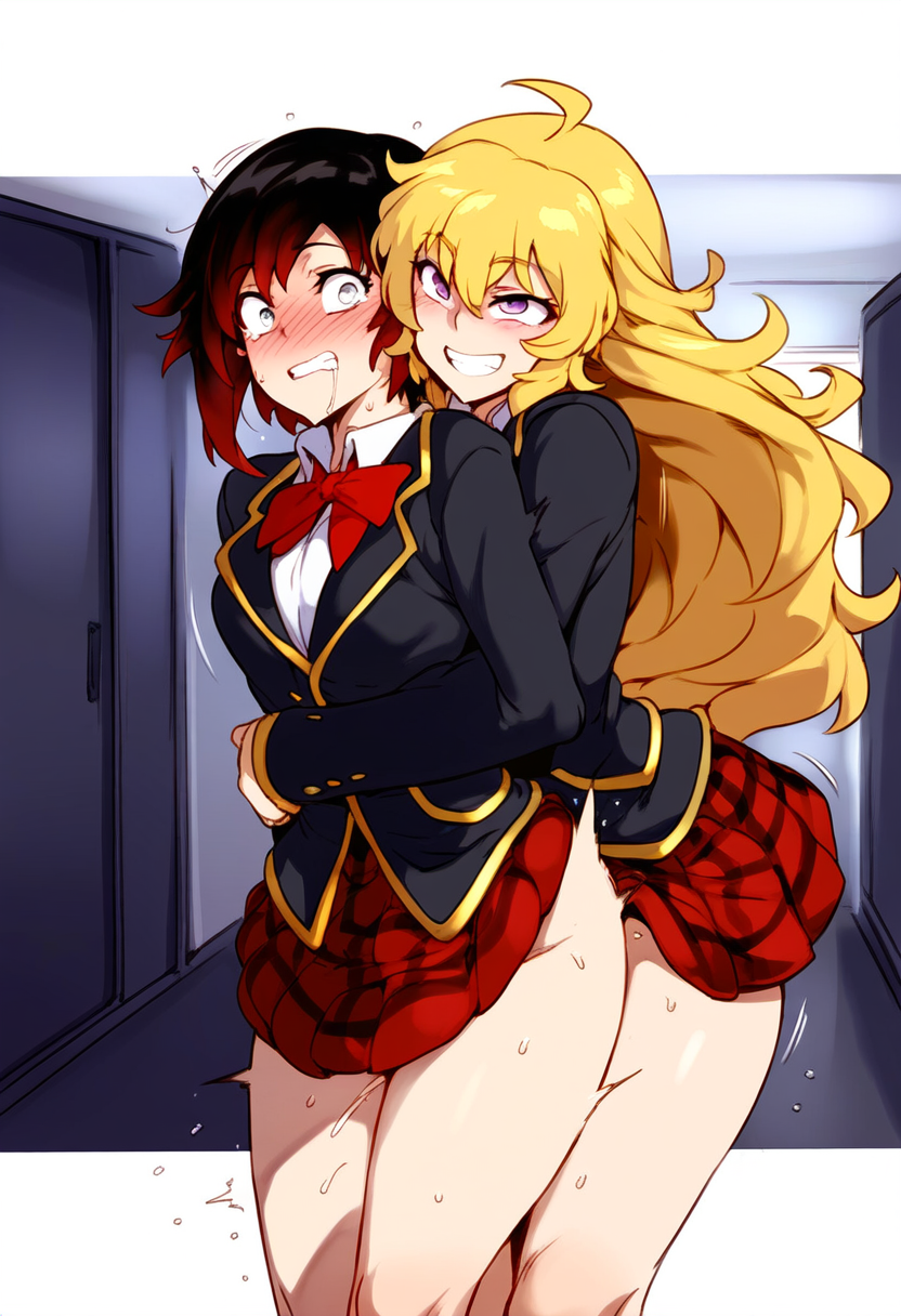 ai_generated blonde_hair drooling from_behind futa_on_female futanari grin hug_from_behind incest rape red_hair ruby_rose rwby shocked sisters uniform yang_xiao_long