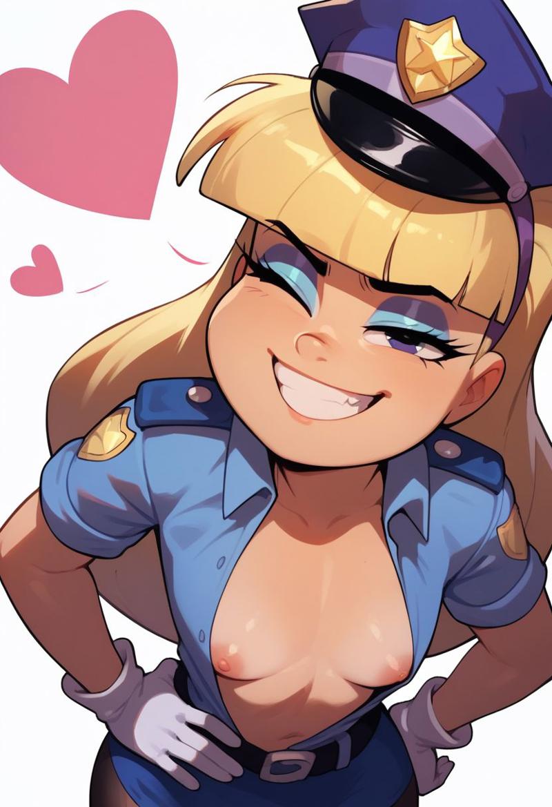 ai_generated blonde_hair disney gloves gravity_falls j42742304163_(artist) looking_at_viewer nipples open_shirt pacifica_northwest police_uniform small_breasts wink